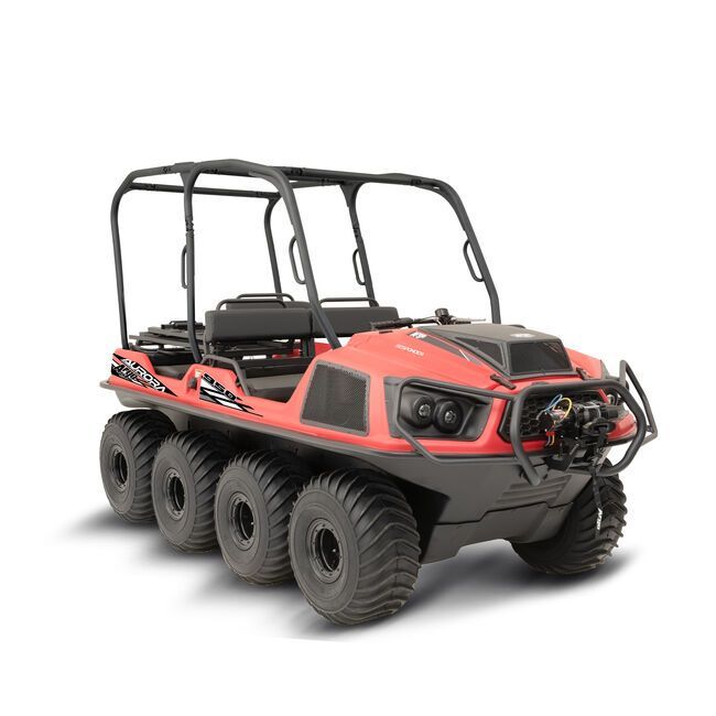 A Red and Black Amphibious Vehicle With Six Wheels on a White Background — MPE Adventure Quads & Bikes In Thornton, NSW