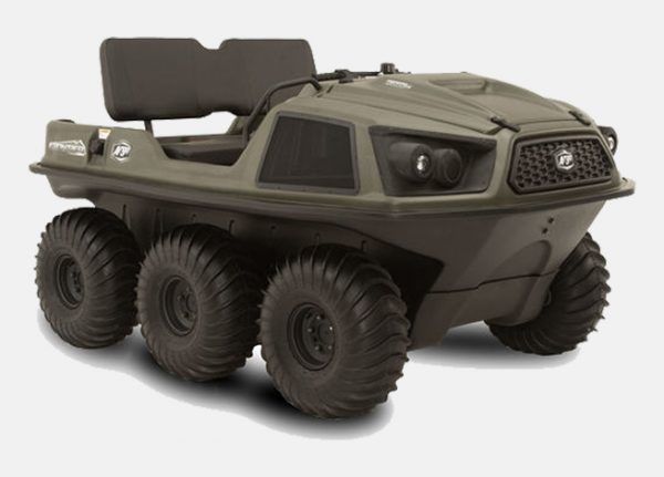 A green amphibious vehicle with six wheels on a white background — MPE Adventure Quads & Bikes In Thornton, NSW