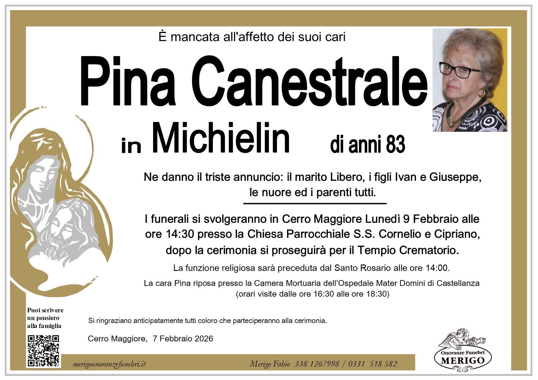 necrologio Pina Canestrale in Michielin