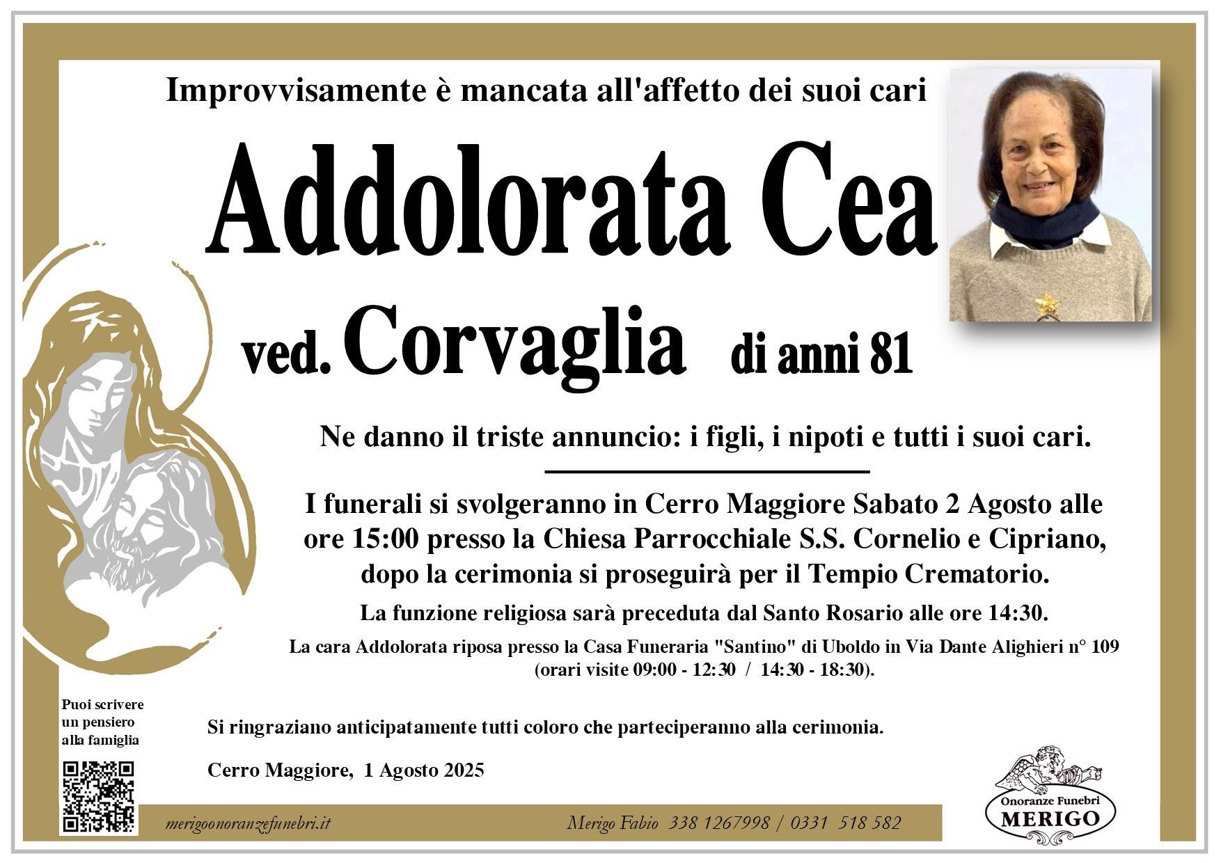 necrologio Addolorata Cea ved. Corvaglia