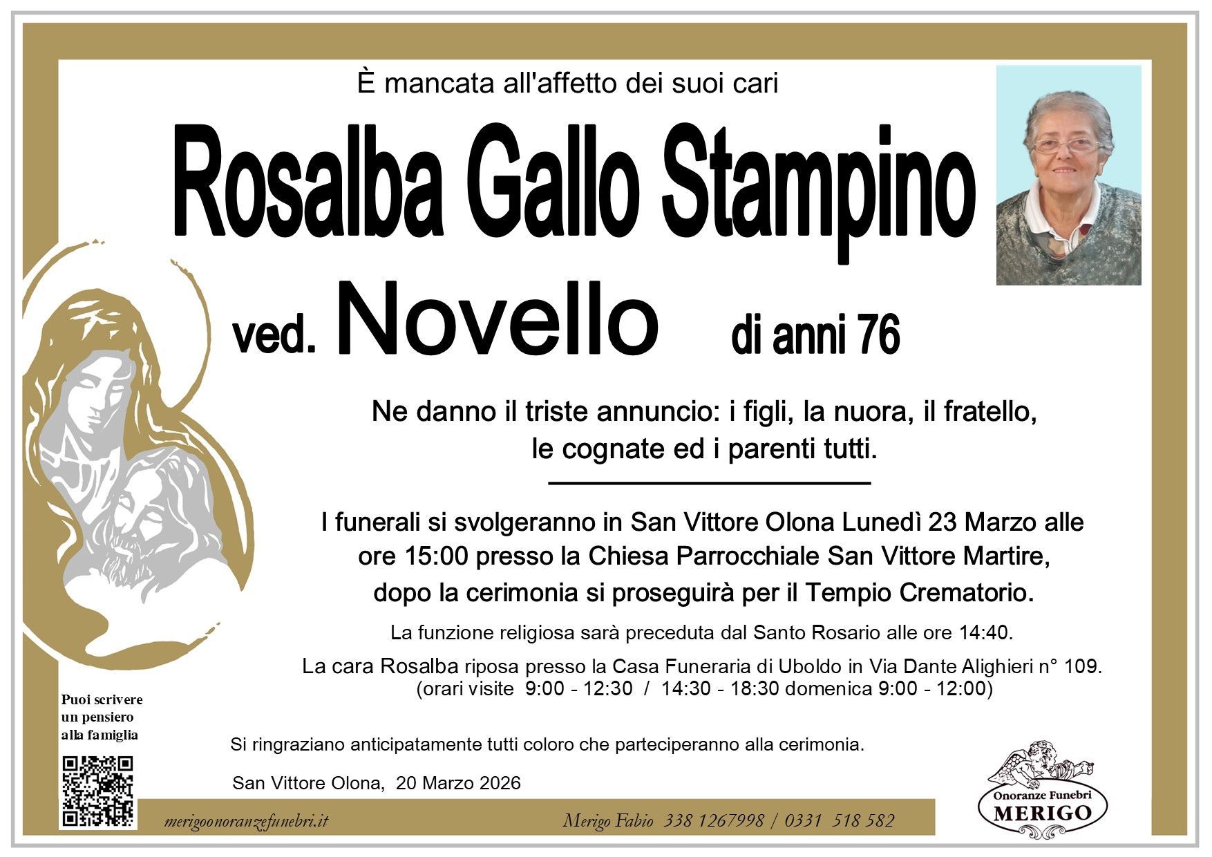 necrologio Rosalba Gallo Stampino ved. Novello