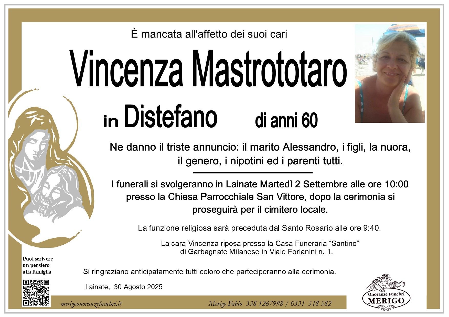 necrologio Vincenza Mastrototaro in Distefano