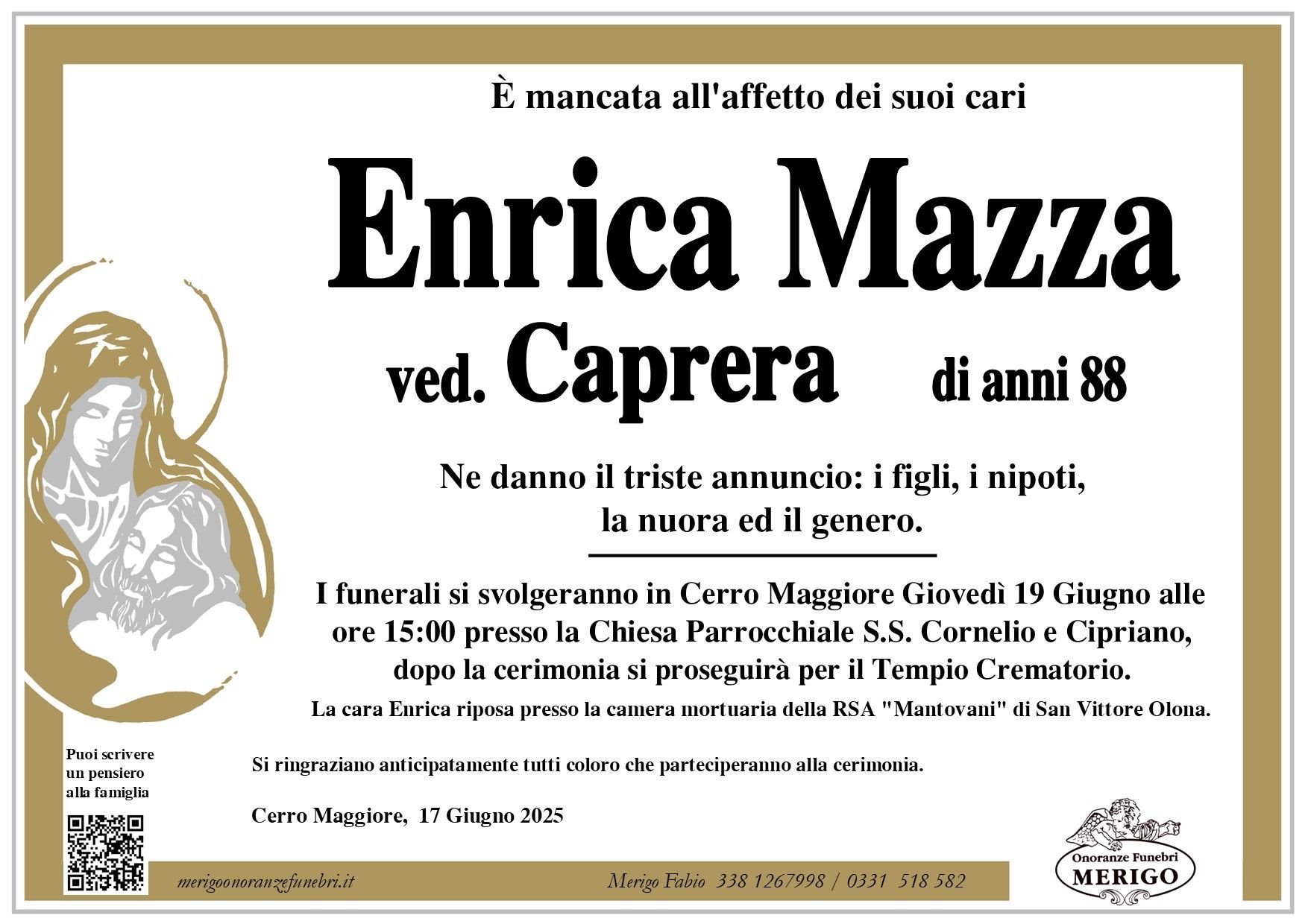 necrologio Enrica Mazza ved. Caprera