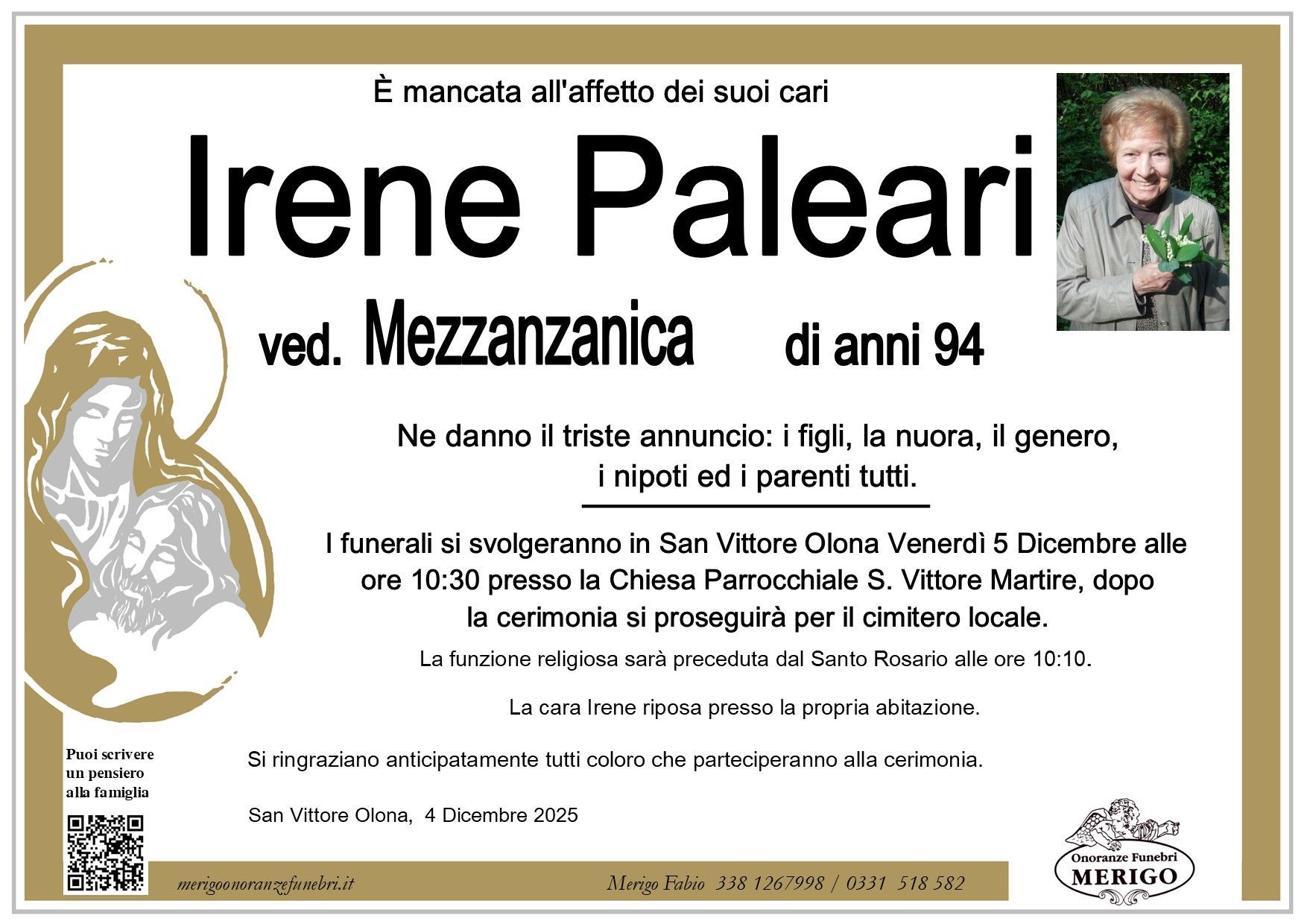 necrologio Irene Paleri ved. Mezzanzanica