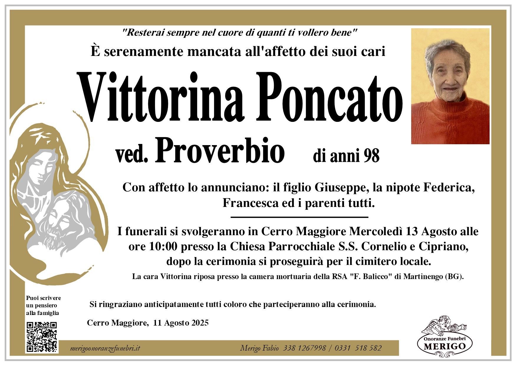 necrologio Vittorina Poncato ved. Proverbio