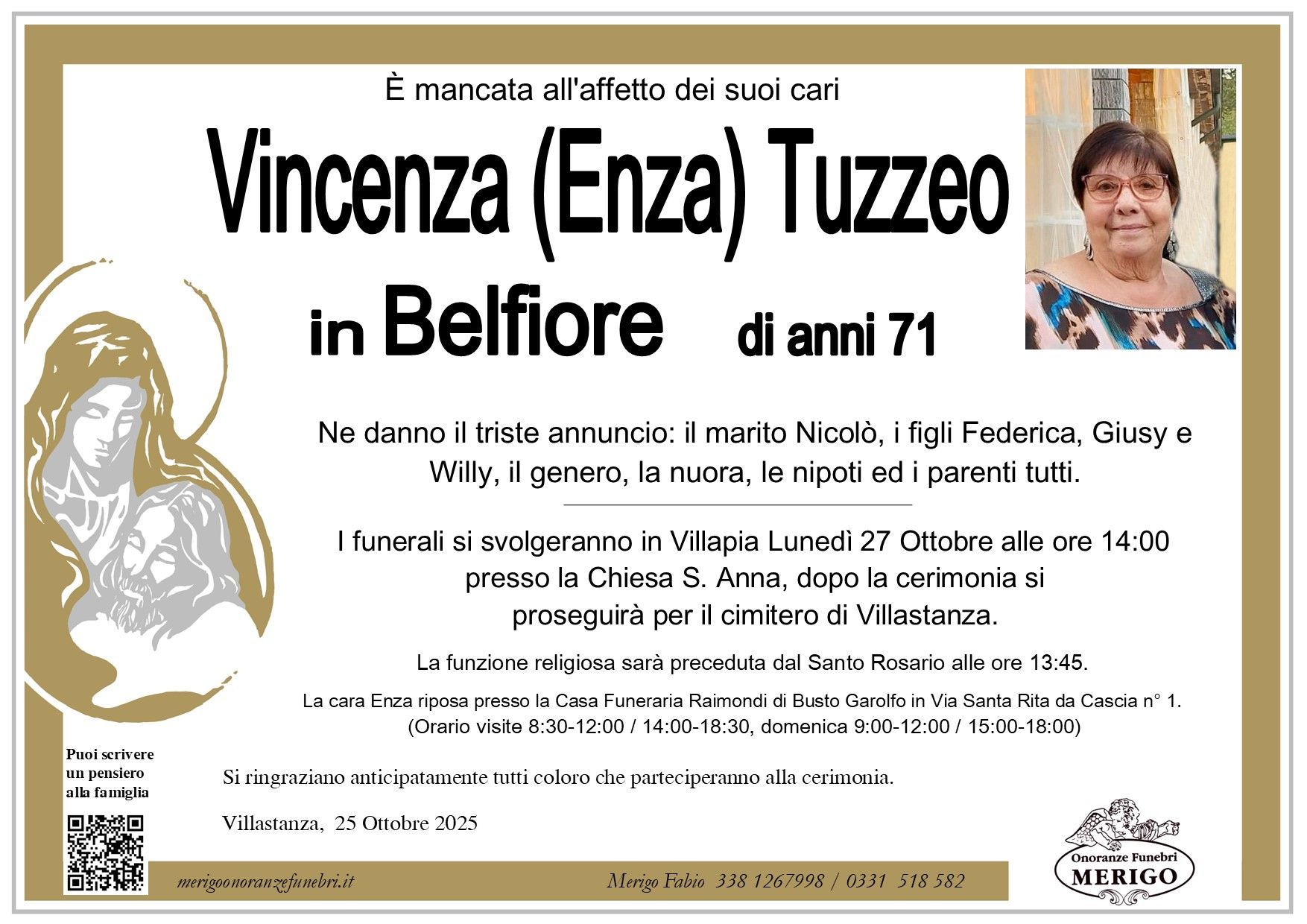 necrologio Vincenza (Enza) Tuzzeo in Belfiore