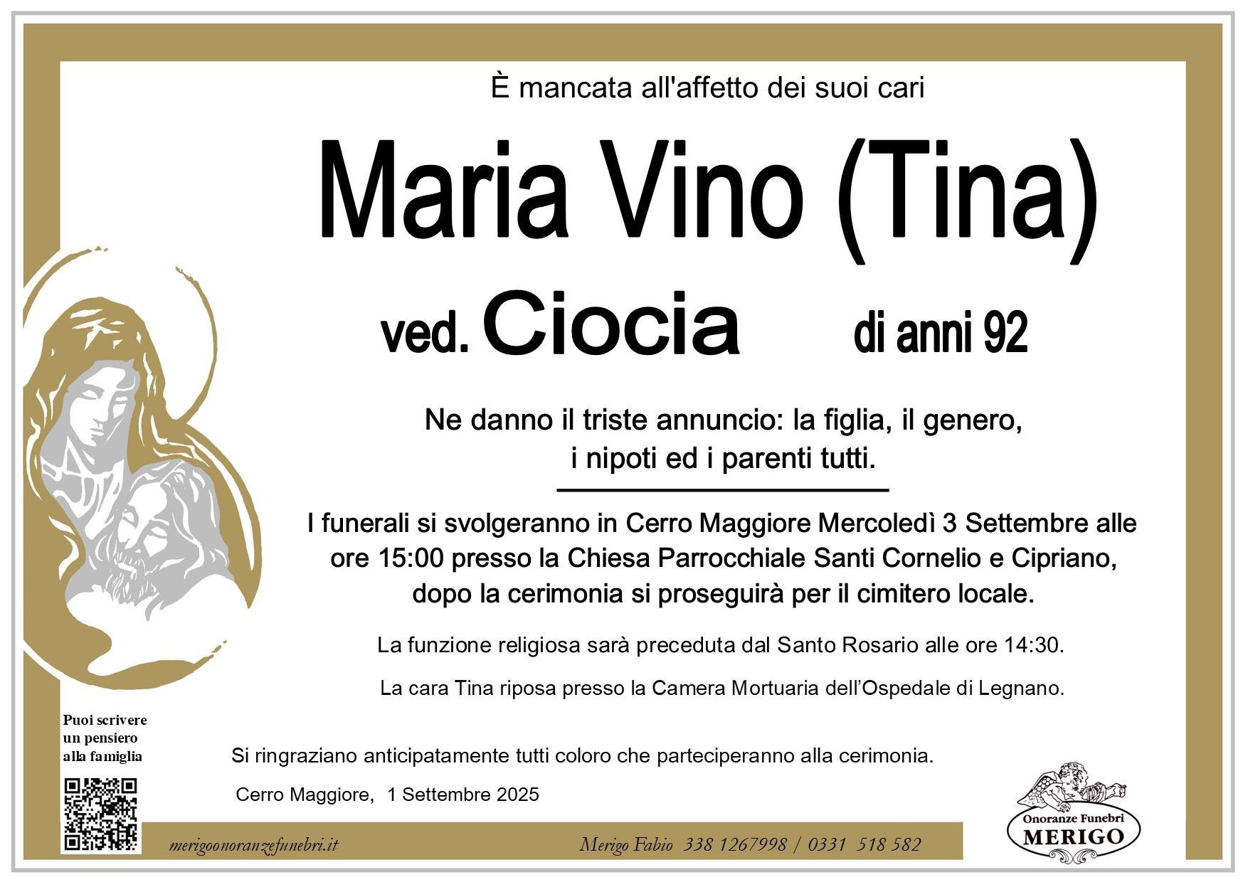 necrologio Maria Vino (Tina) ved. Ciocia