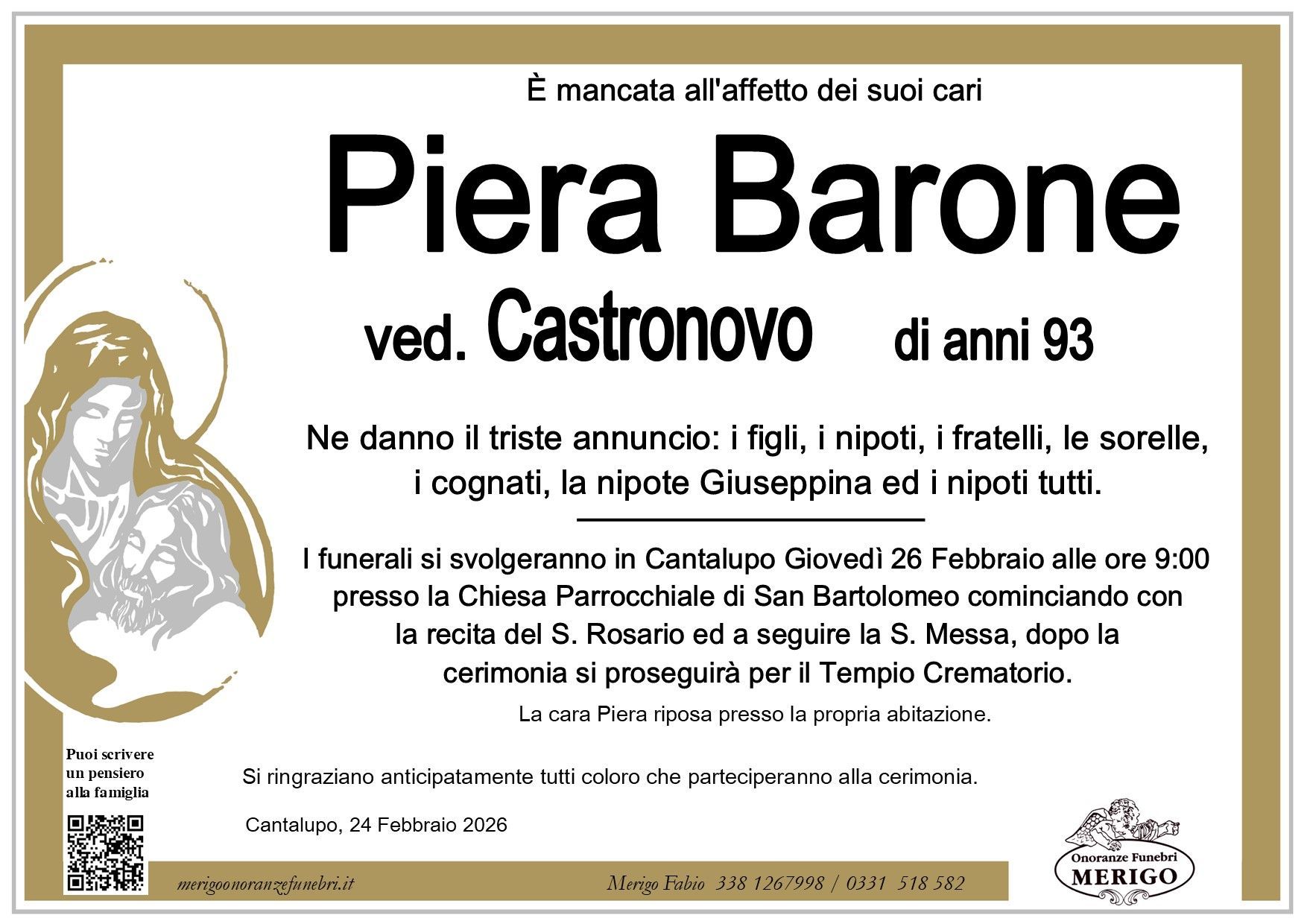 necrologio Piera Barone ved. Castronovo