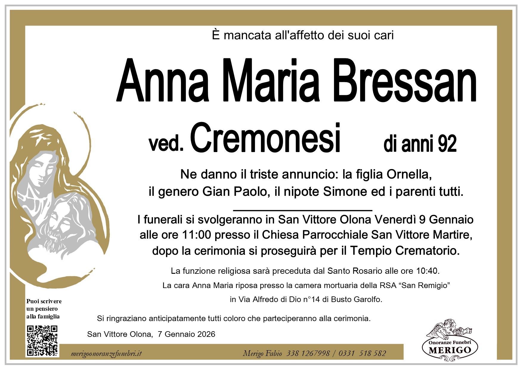 necrologio Anna Maria Bressan ved. Cremonesi