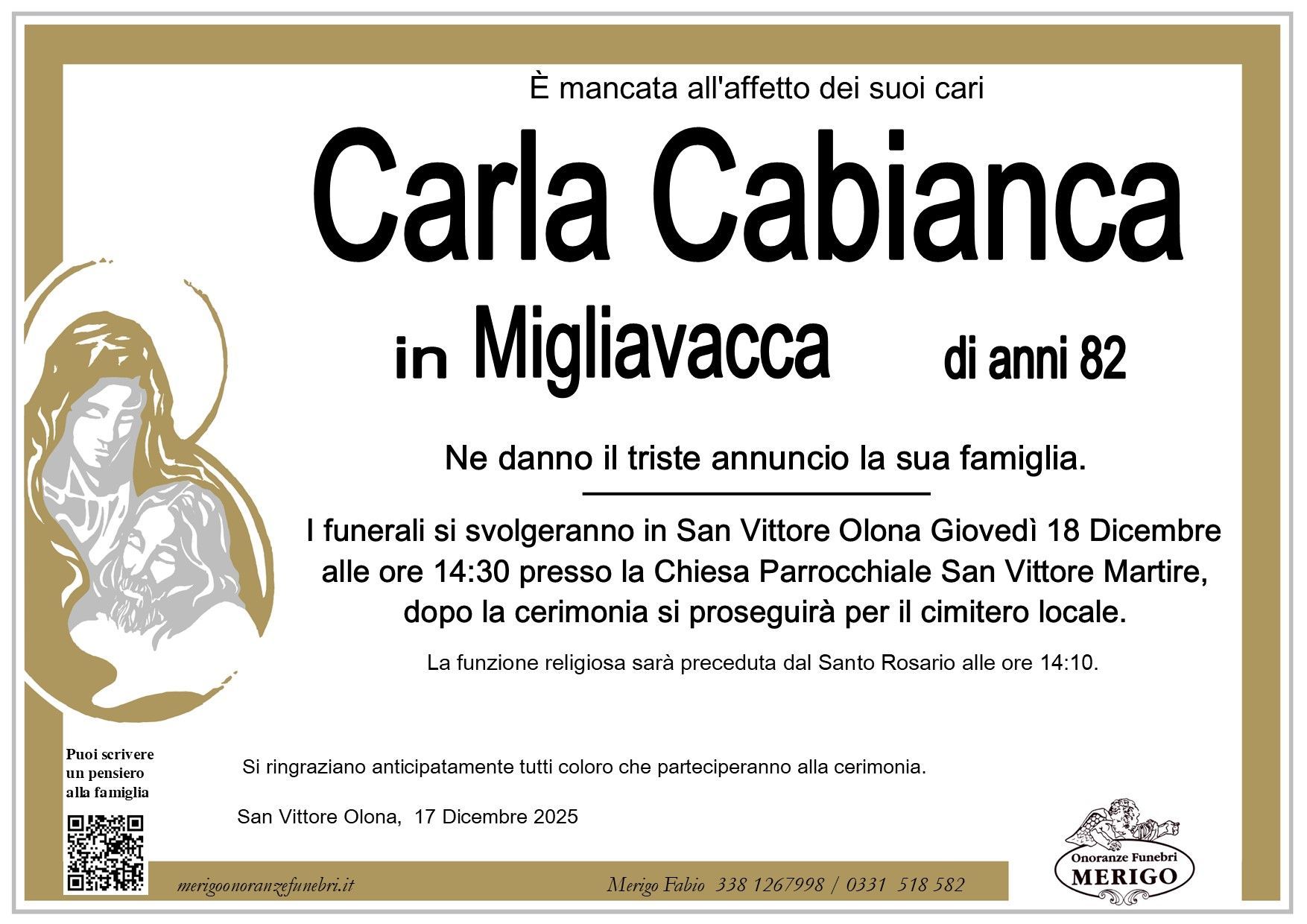 necrologio Carla Cabianca in Migliavacca