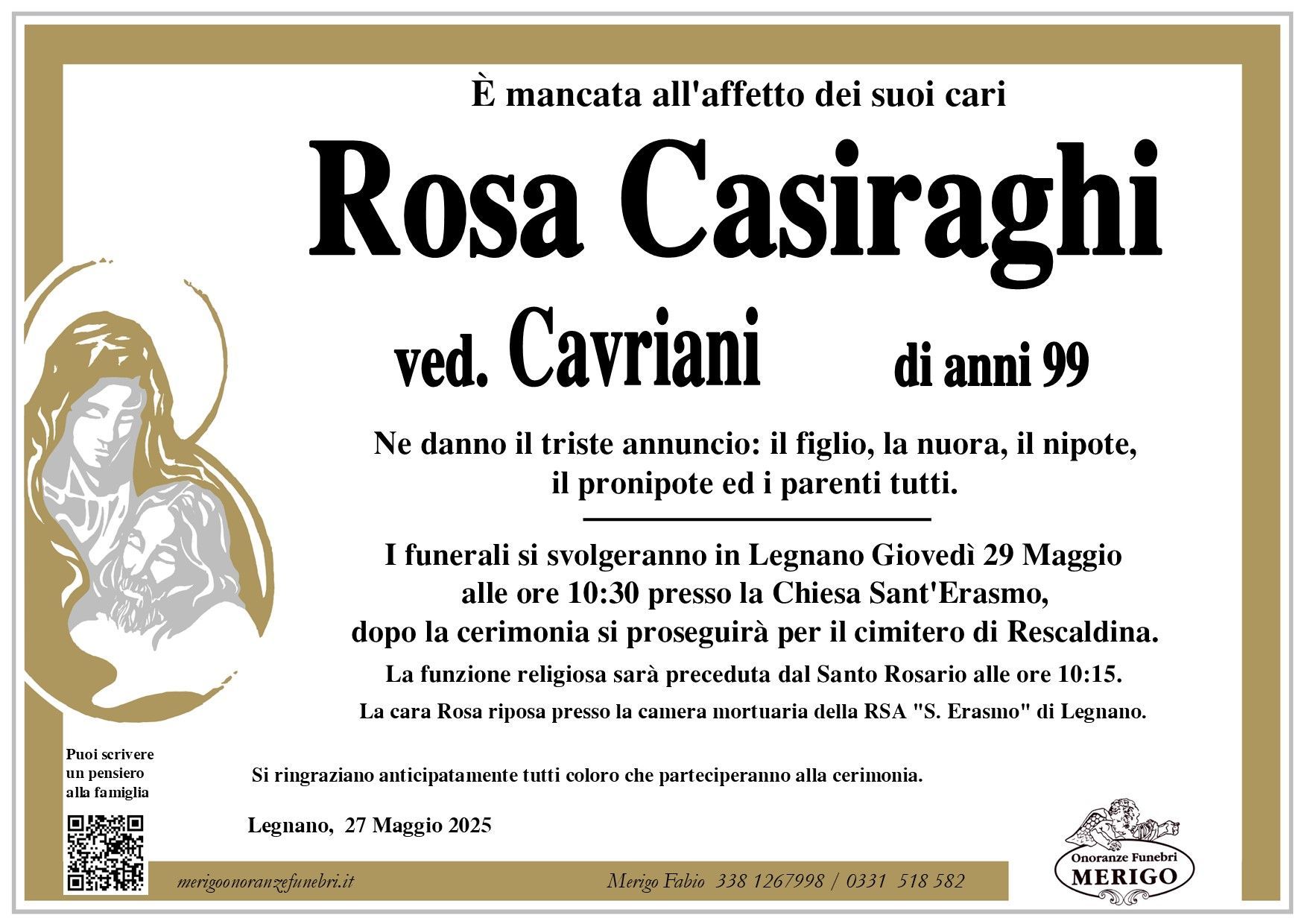 necrologio Rosa Casiraghi ved. Cavriani