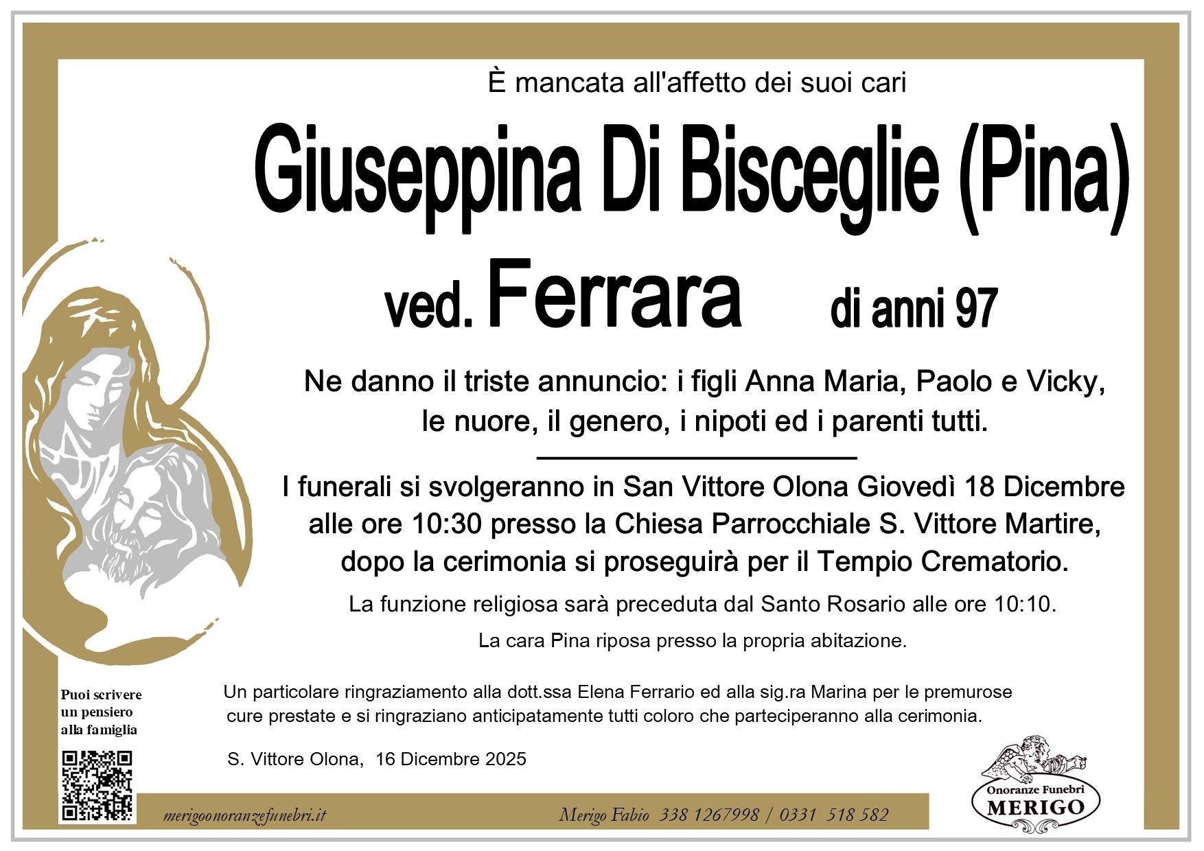 necrologio Giuseppina Di Bisceglie (Pina) ved. Ferrara