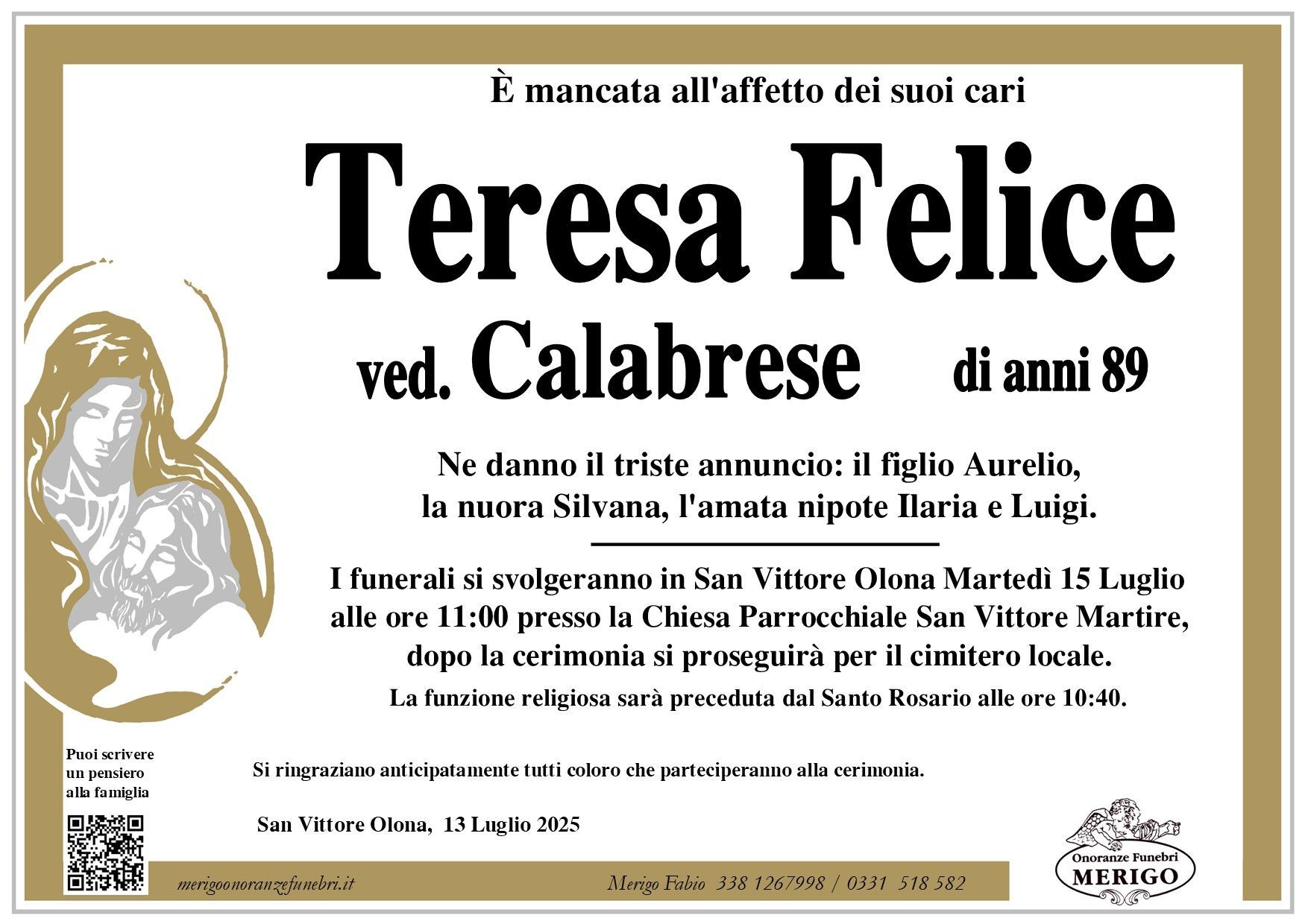 necrologio Teresa Felice ved. Calabrese