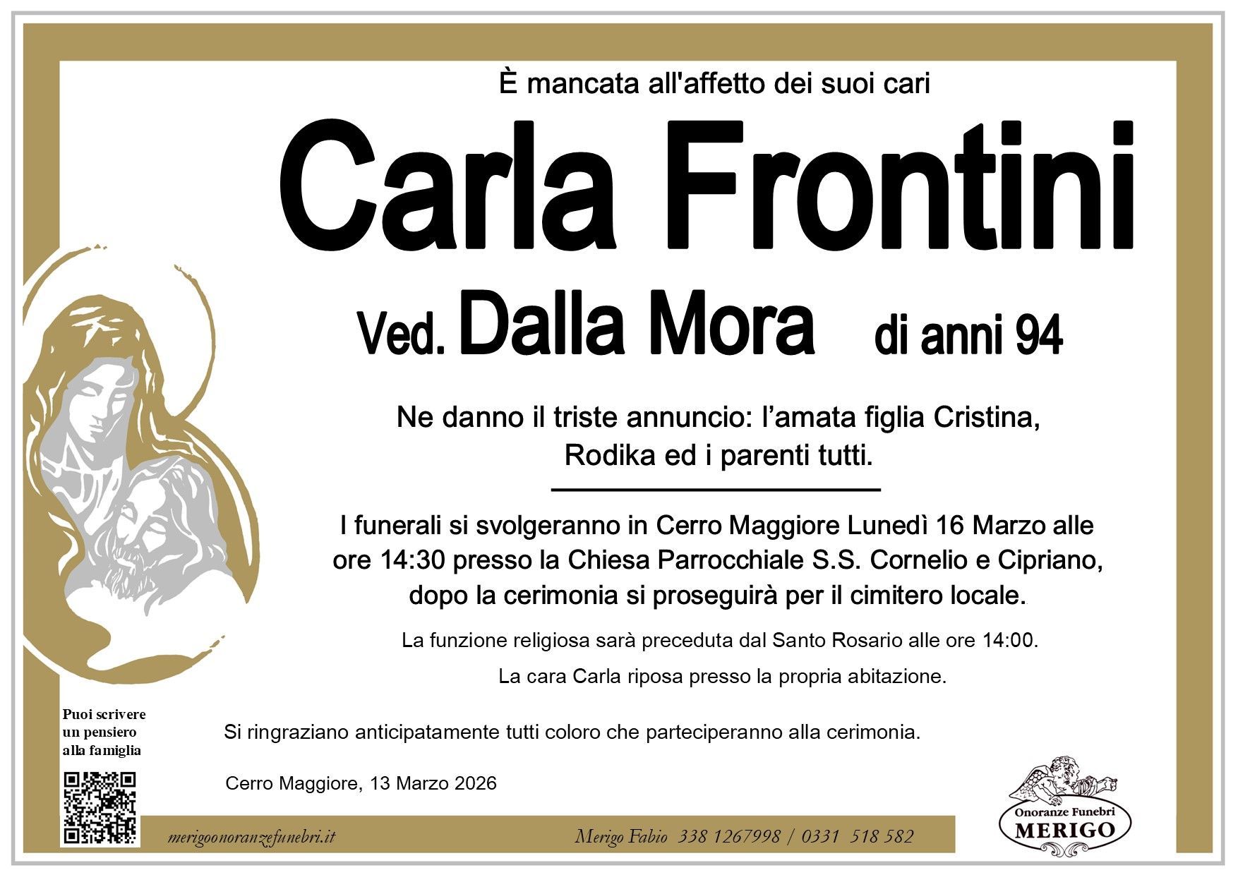 necrologio Carla Frontini ved. Dalla Mora