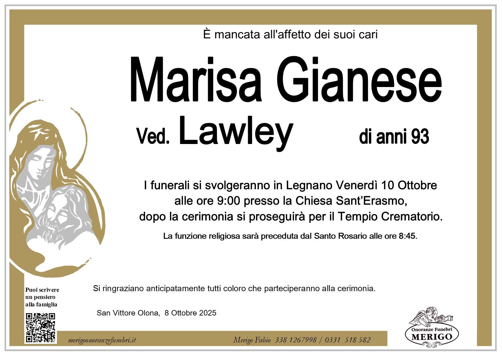necrologio Marisa Gianese ved. Lawley