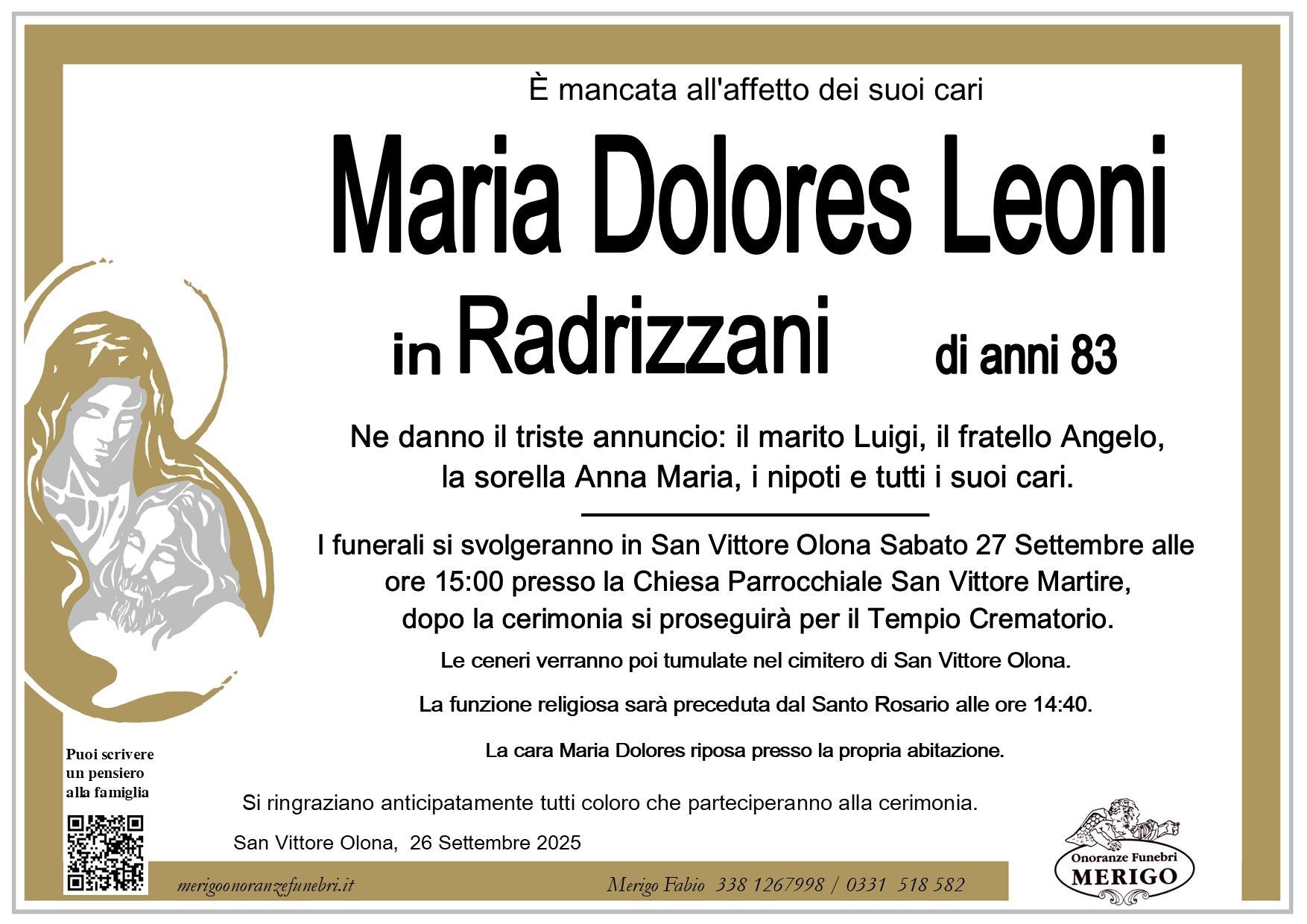necrologio Maria Dolores Leoni in Radrizzani