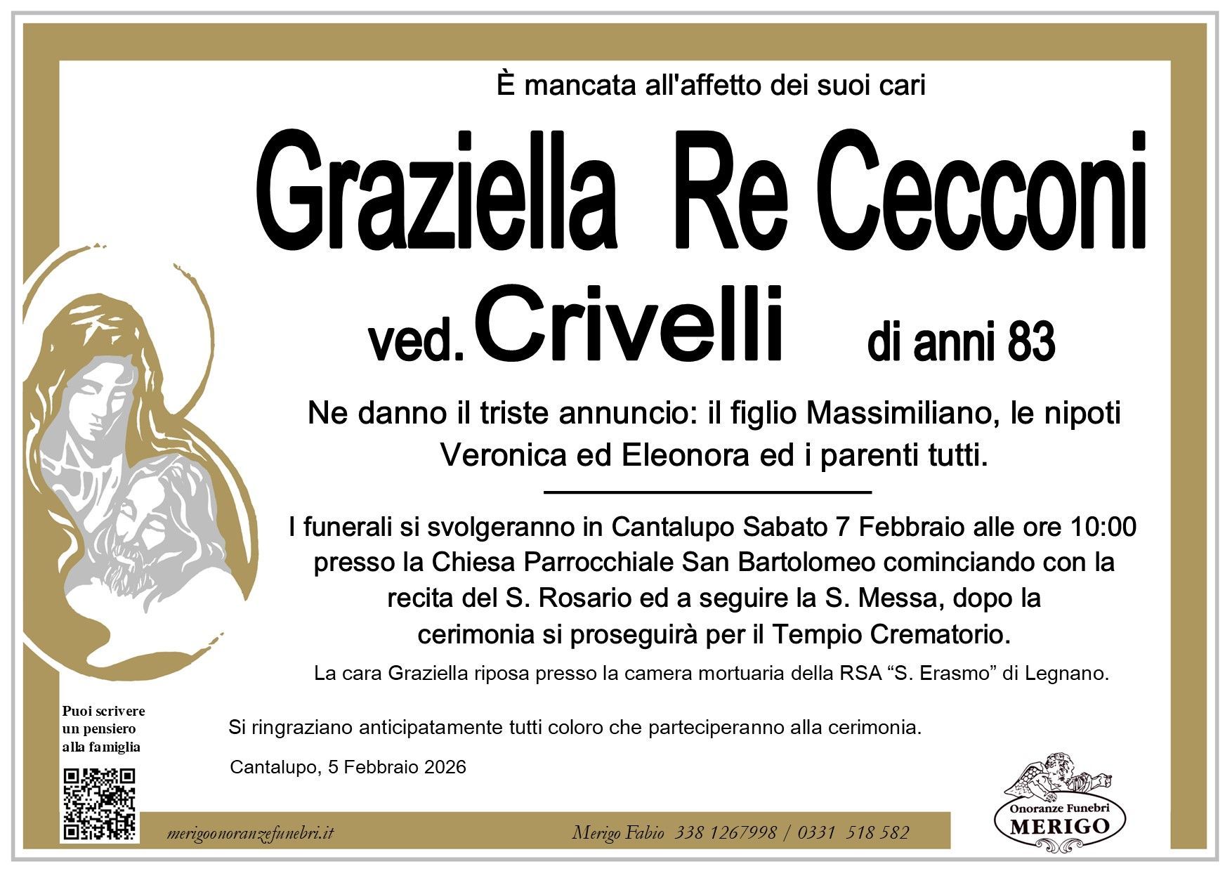necrologio Graziella Re Cecconi ved. Crivelli