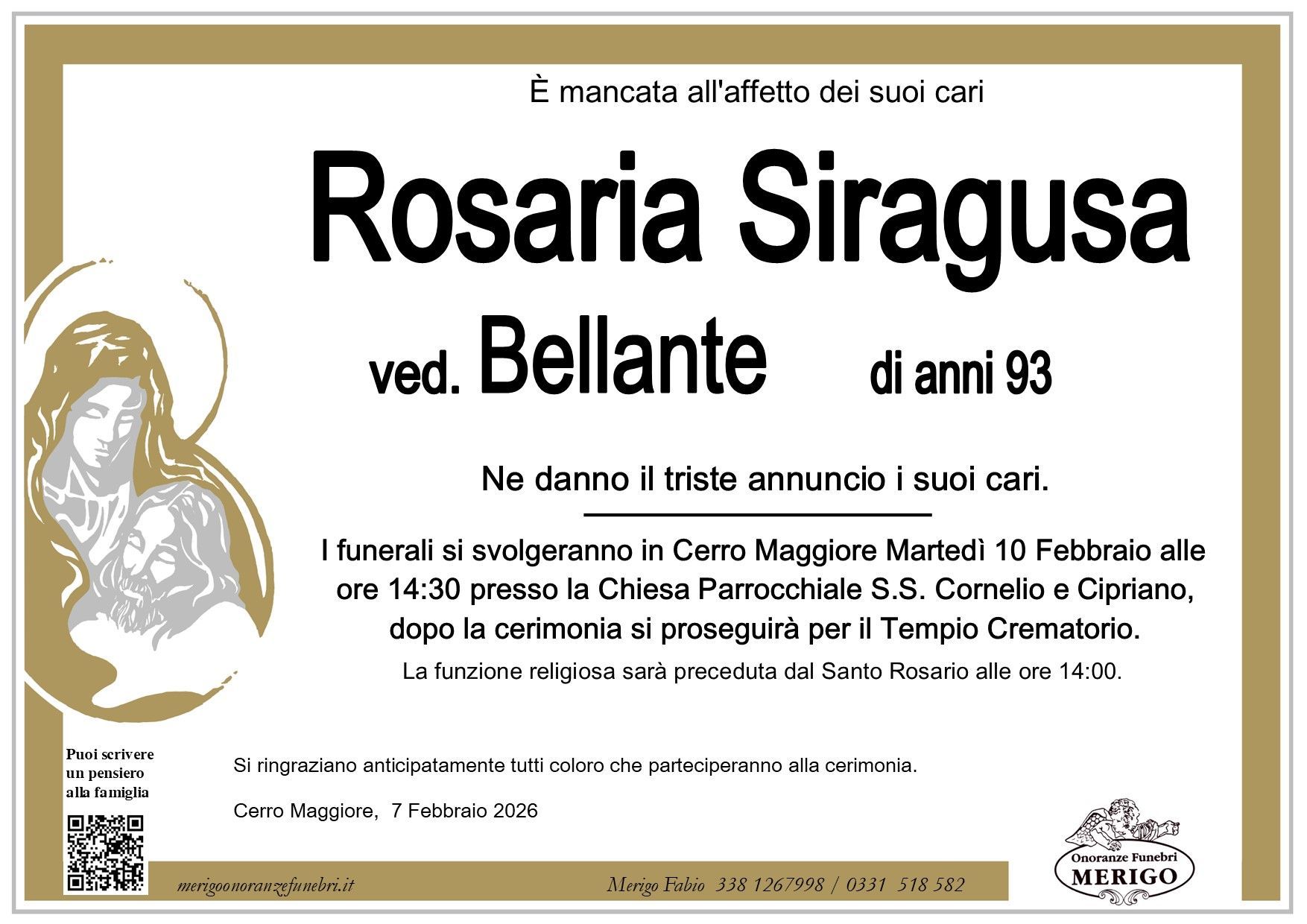 necrologio Rosaria Siragusa ved. Bellante