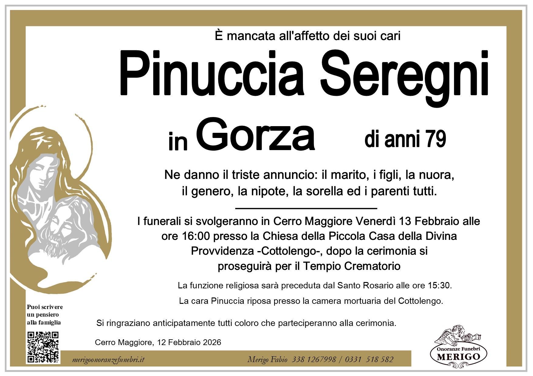 necrologio Pinuccia Seregni in Gorza