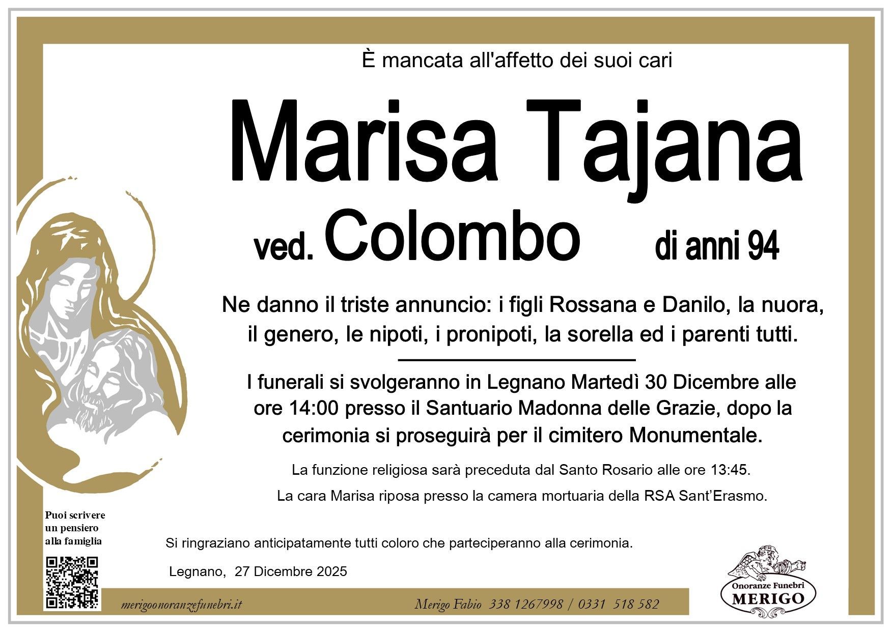necrologio Marisa Tajana ved. Colombo