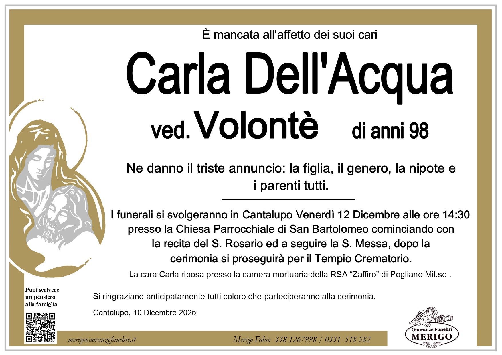 necrologio Carla Dell'Acqua Ved. Volontè.
