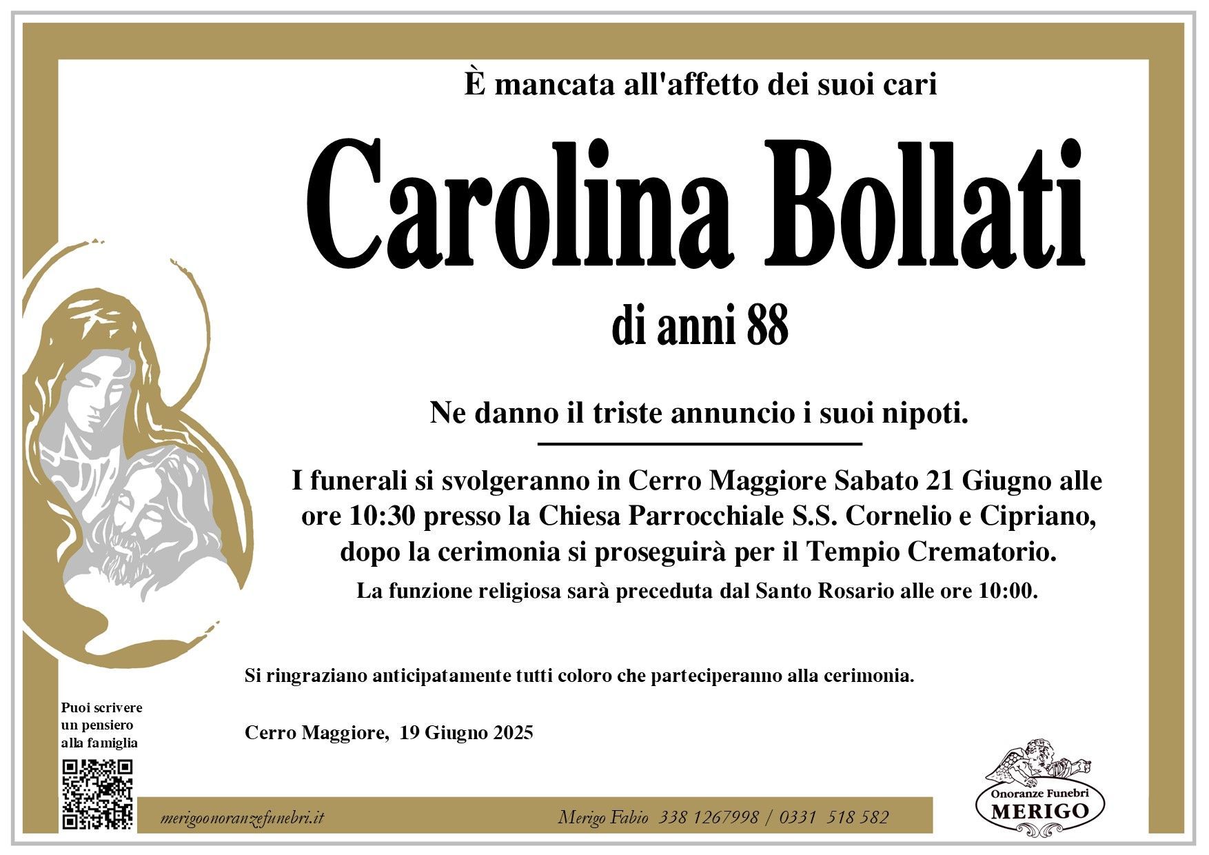necrologio Carolina Bollati