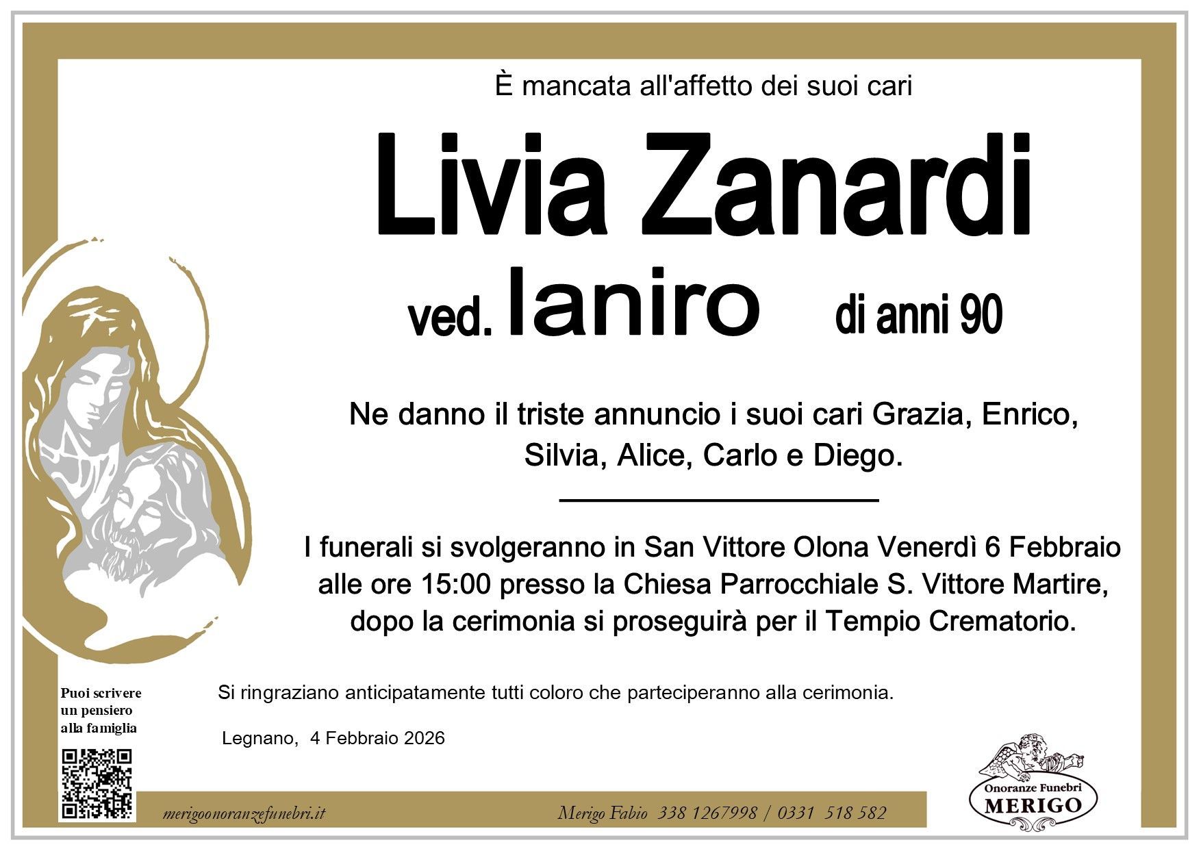 necrologio Livia Zanardi ved. Ianiro