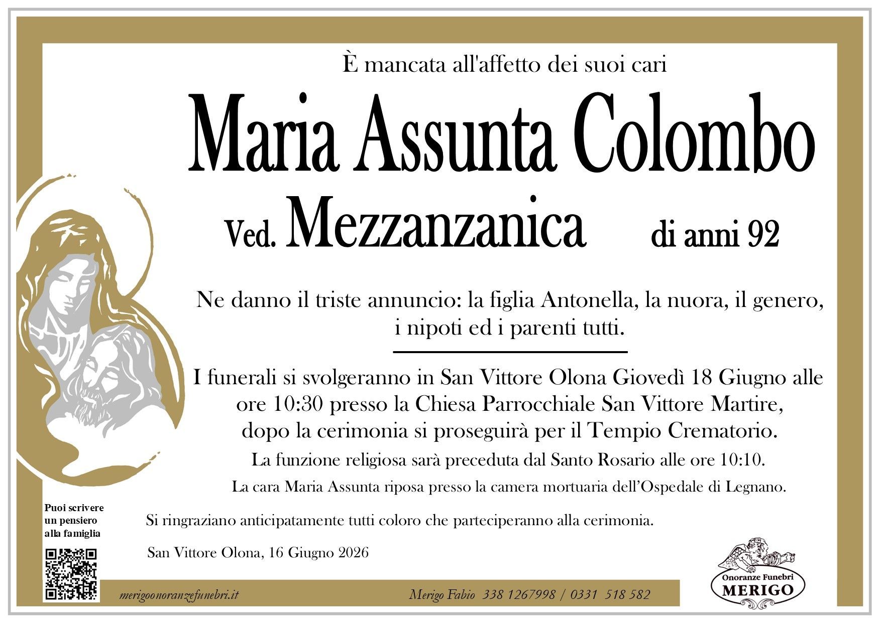 necrologio Maria Assunta Colombo ved. Mezzanzanica