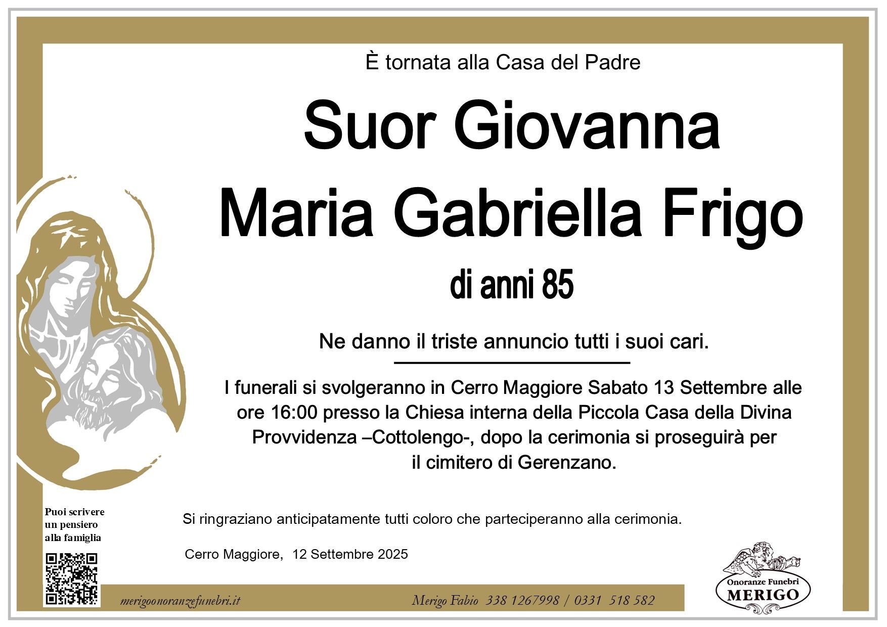 necrologio Suor Giovanna Frigo