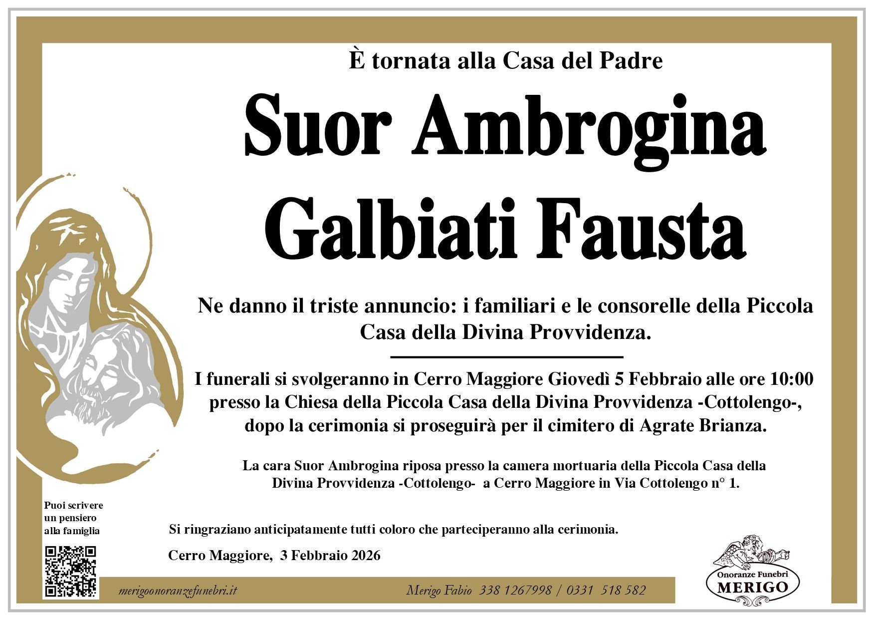 necrologio Suor Ambrogina Galbiati Fausta