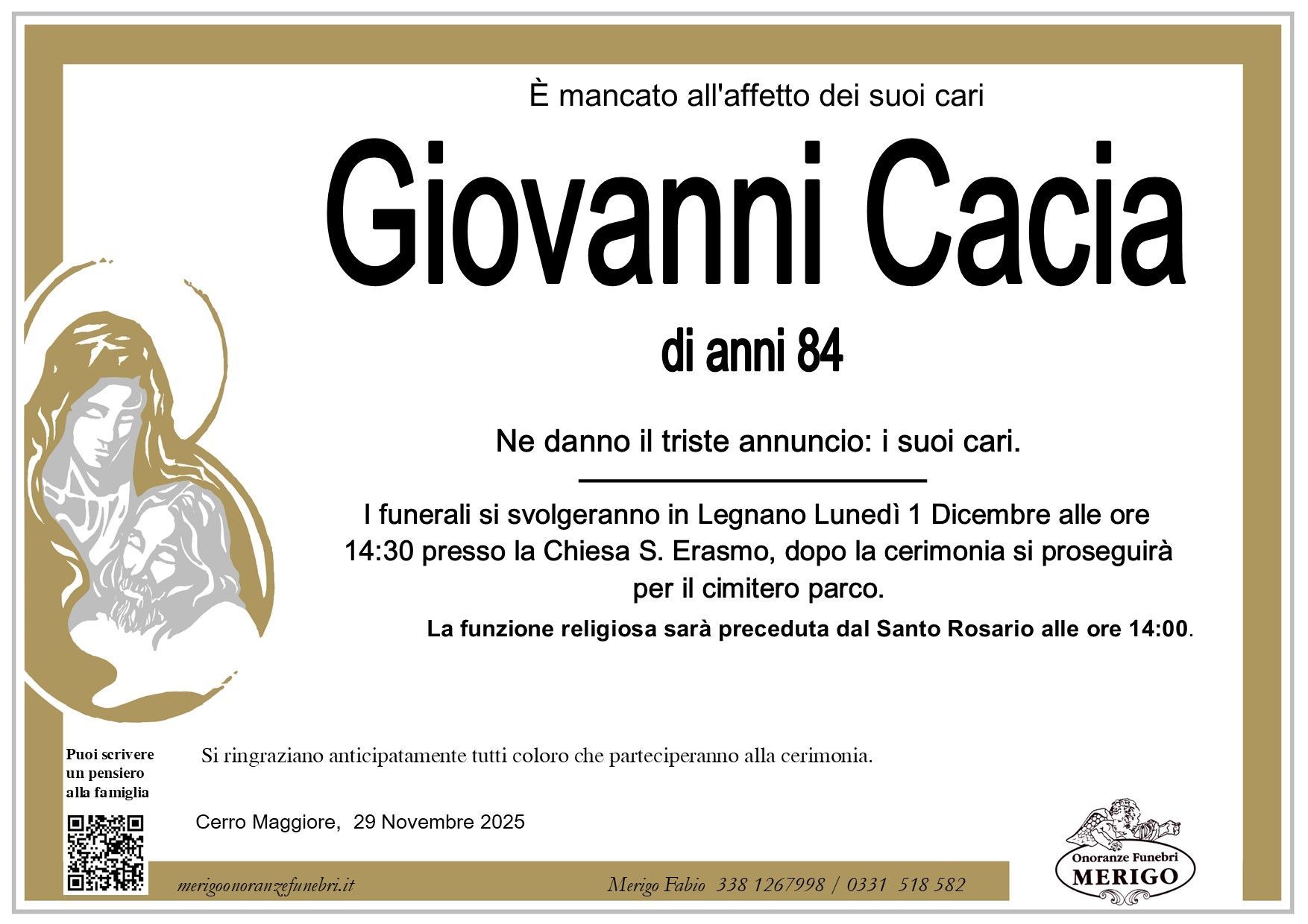 necrologio Giovanni Cacia