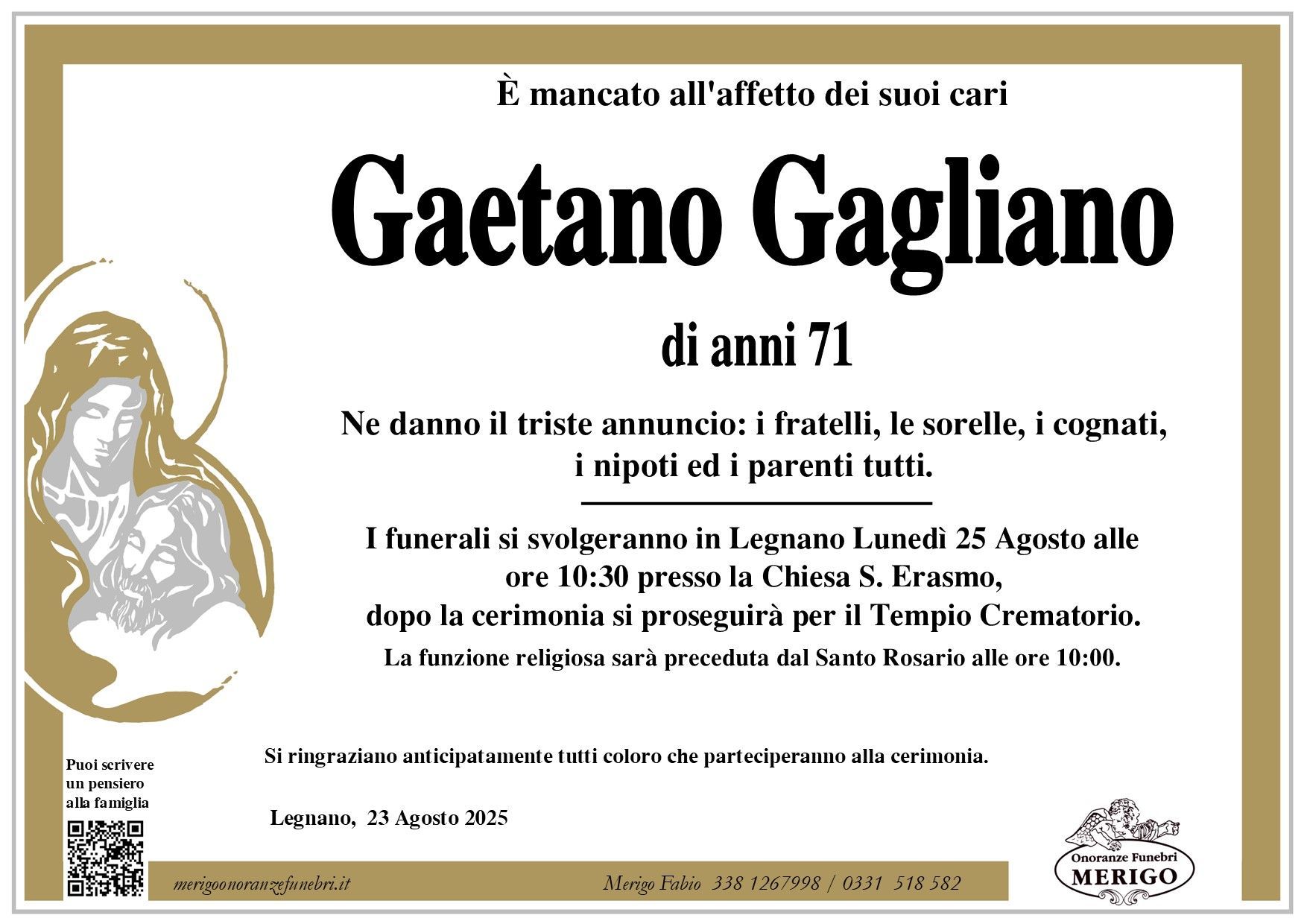 necrologio Gaetano Gagliano