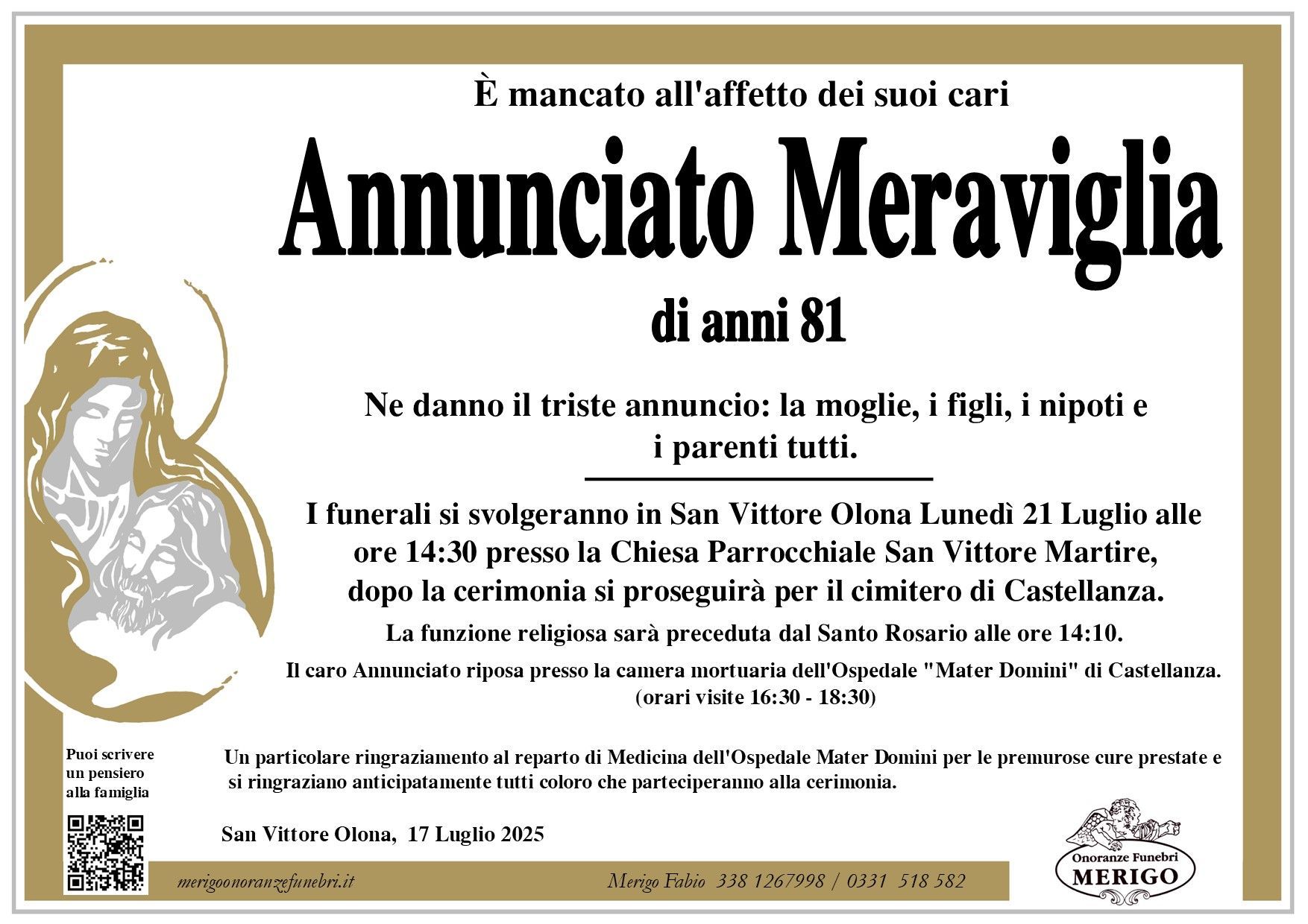 necrologio Annunciato Meraviglia