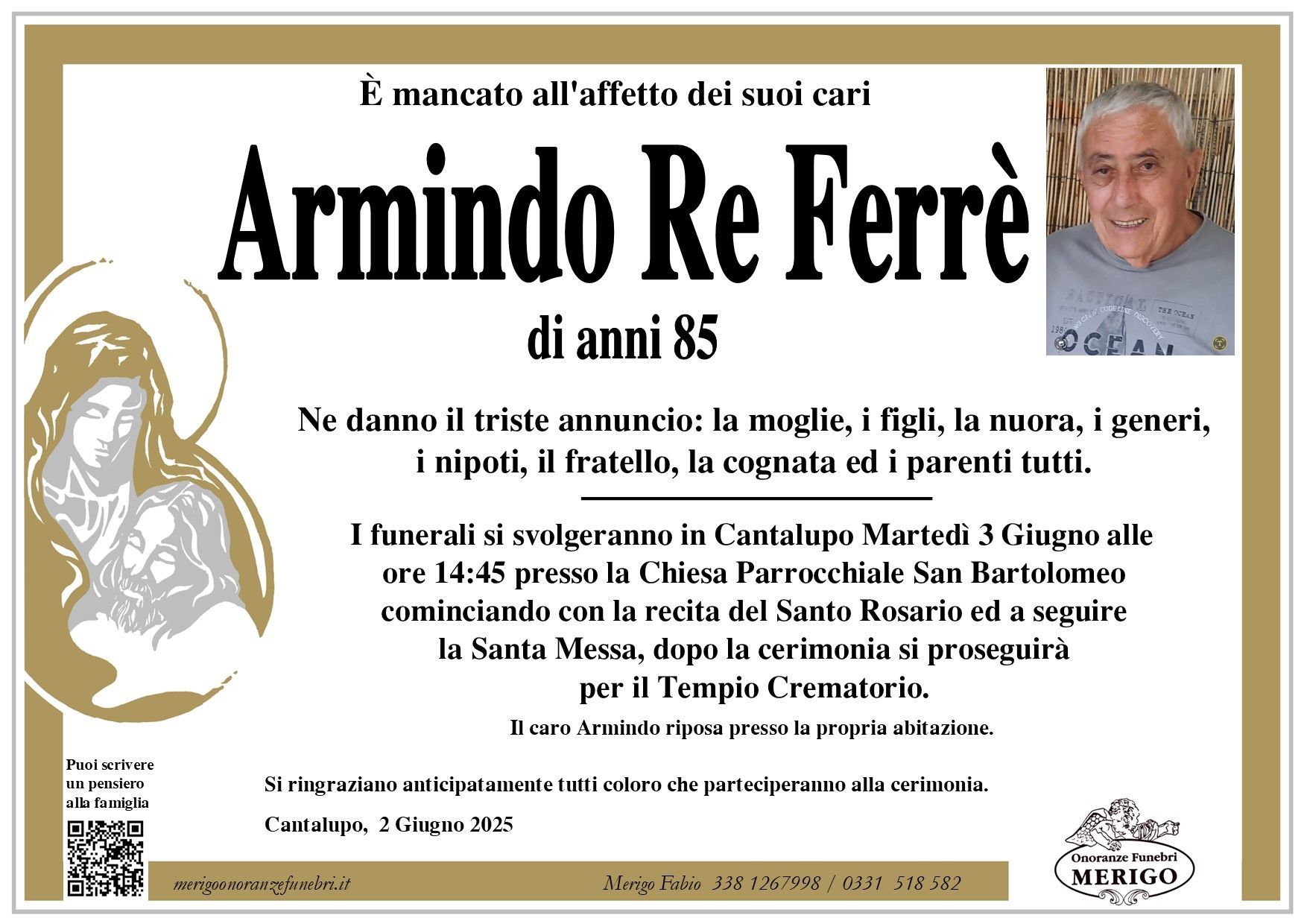 necrologio Armindo Re Ferrè