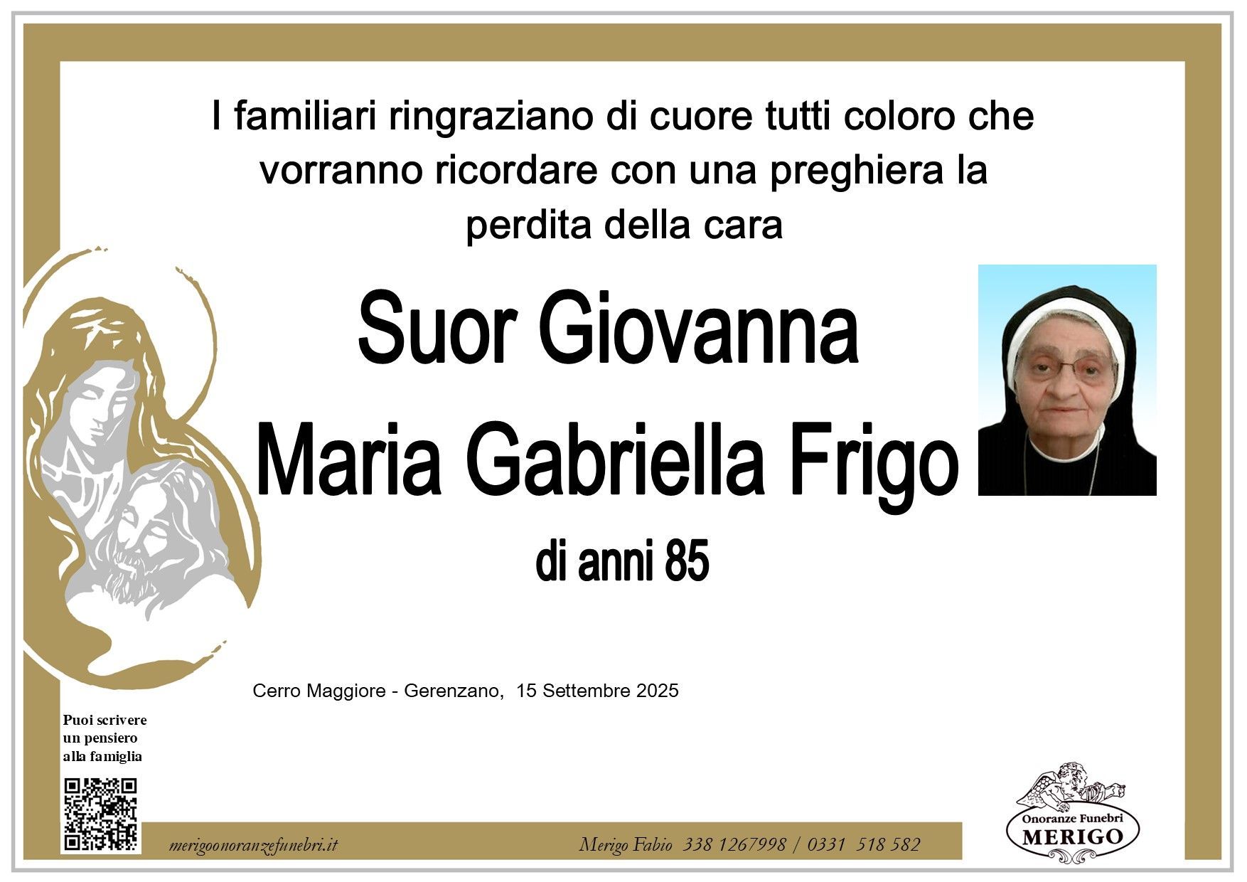 necrologio Suor Giovanna Frigo