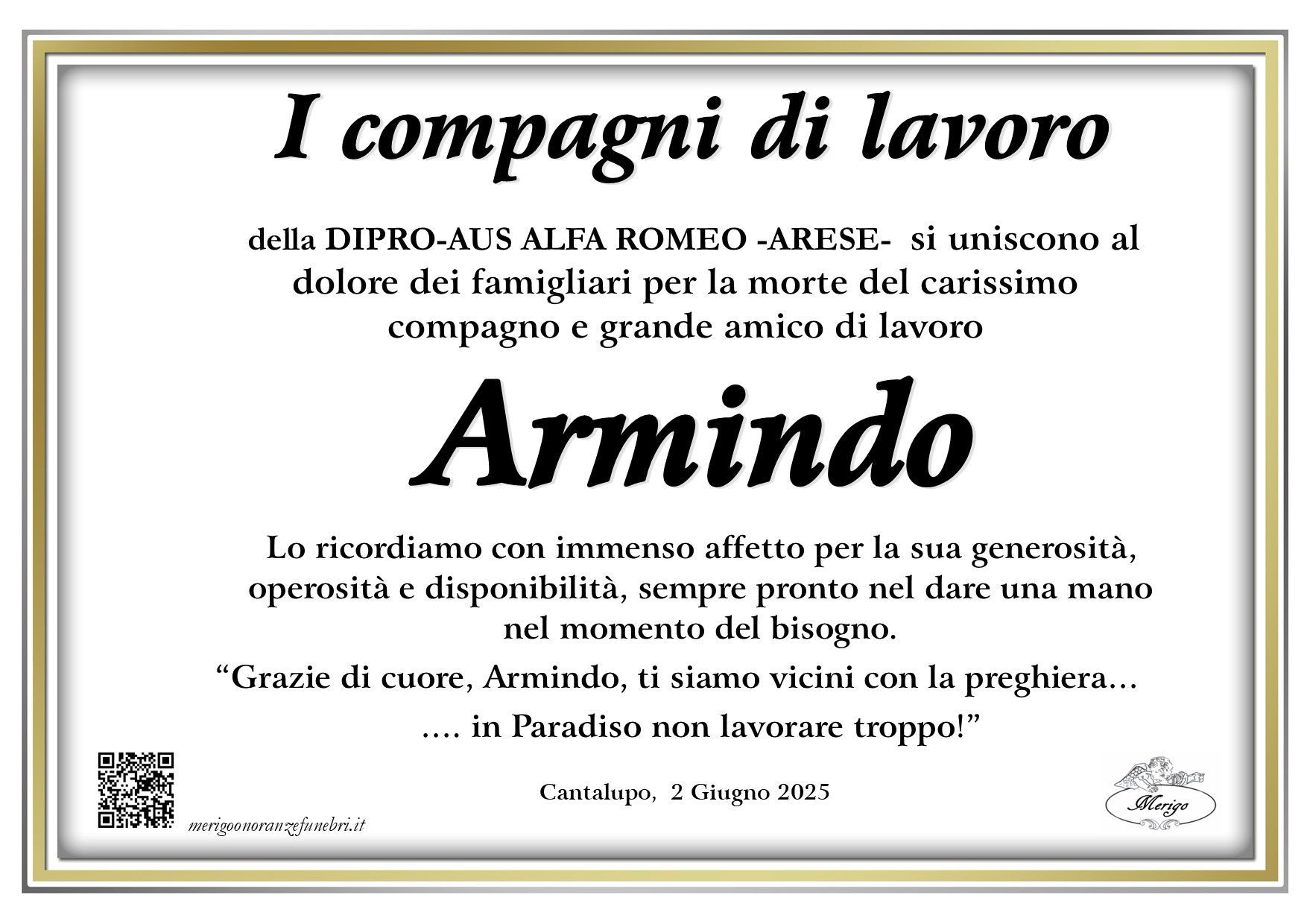 necrologio Compagni di lavoro di Armindo Re Ferrè