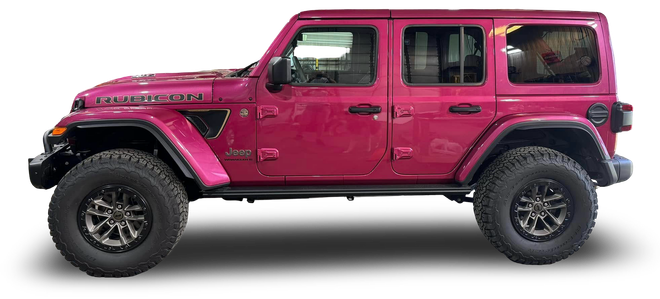 A pink jeep wrangler is shown from the side on a white background.
