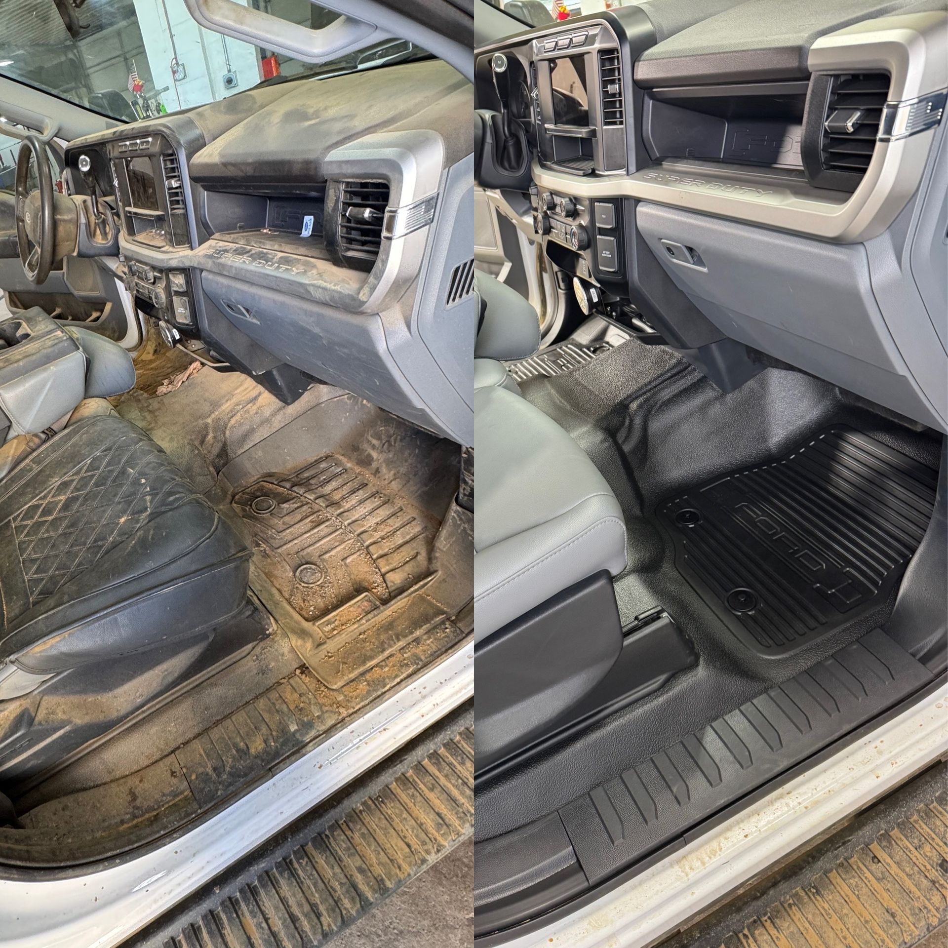 Before-and-after of a truck's dirty interior, then a clean interior. Black floor mats and dashboard.