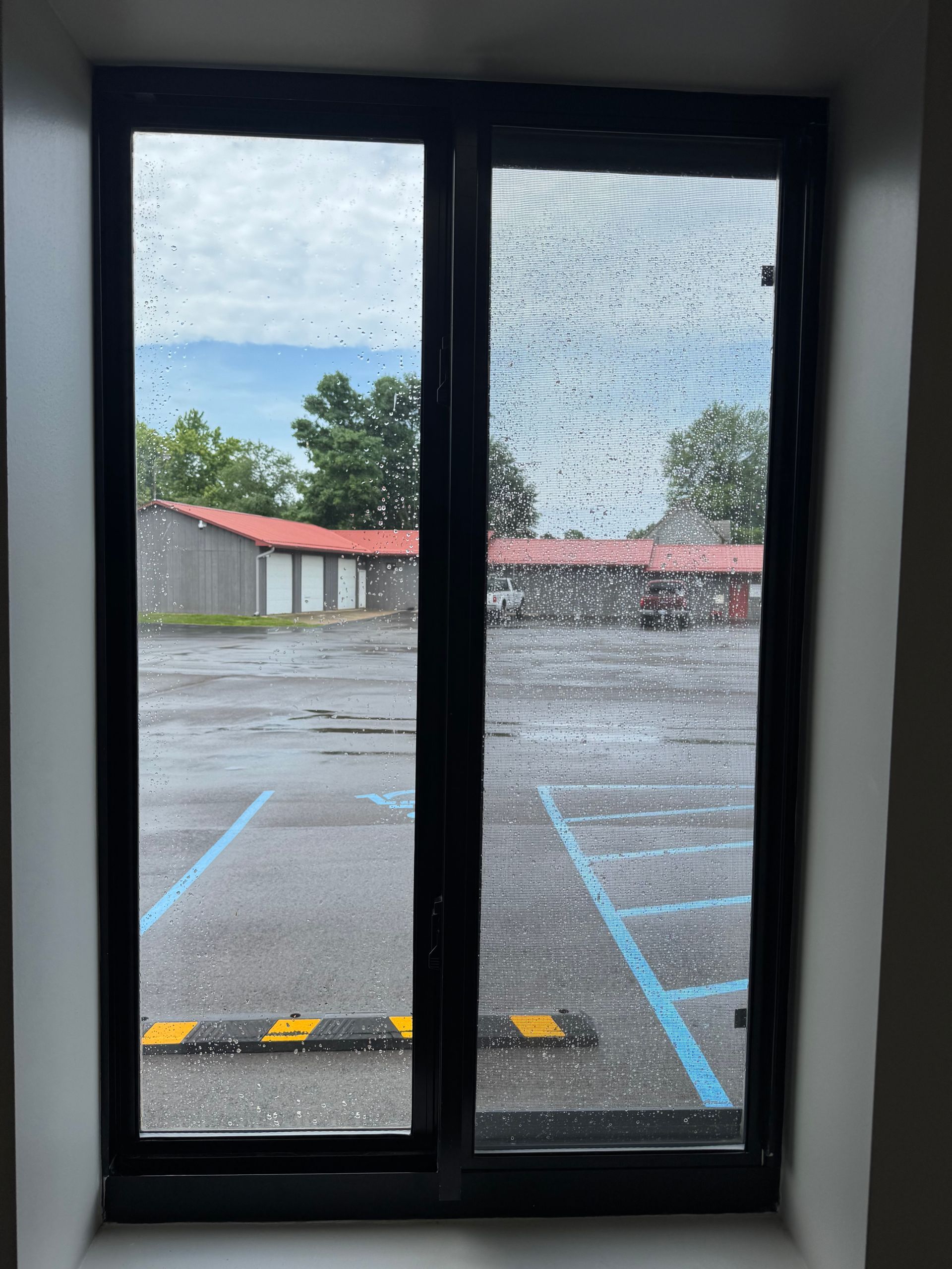 View through a window with a screen. Shows a parking lot with blue lines, a building with a red roof, and green trees.