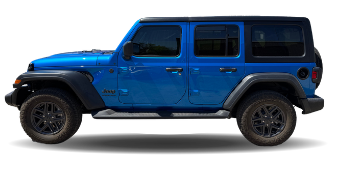 A blue jeep wrangler is shown from the side.