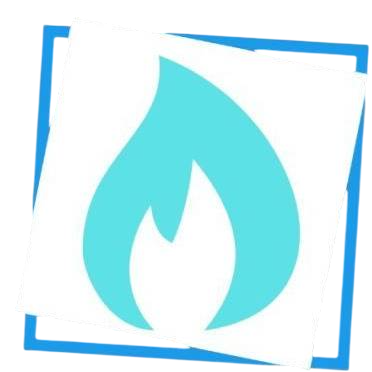 Icono de llama azul sobre papel blanco con borde azul.