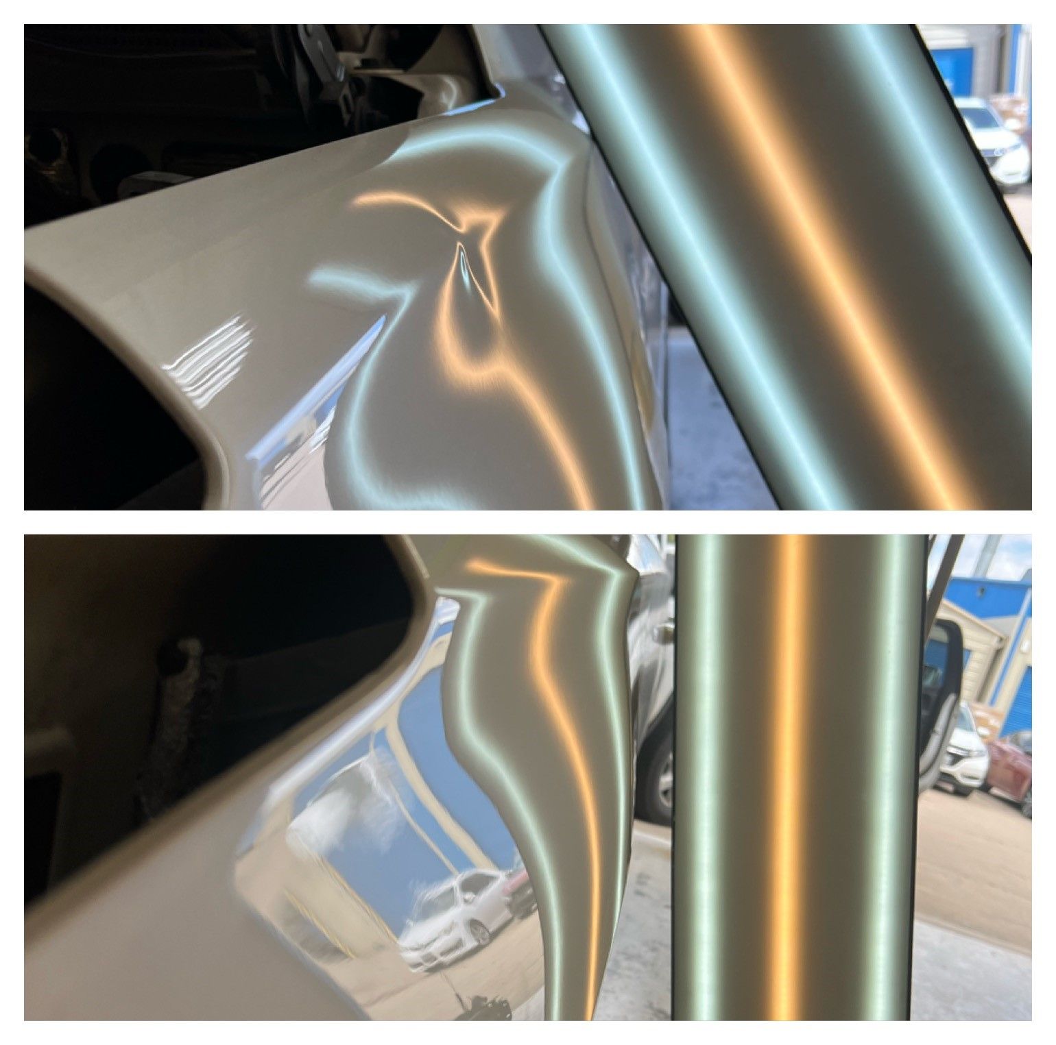Paintless dent repair before and after.