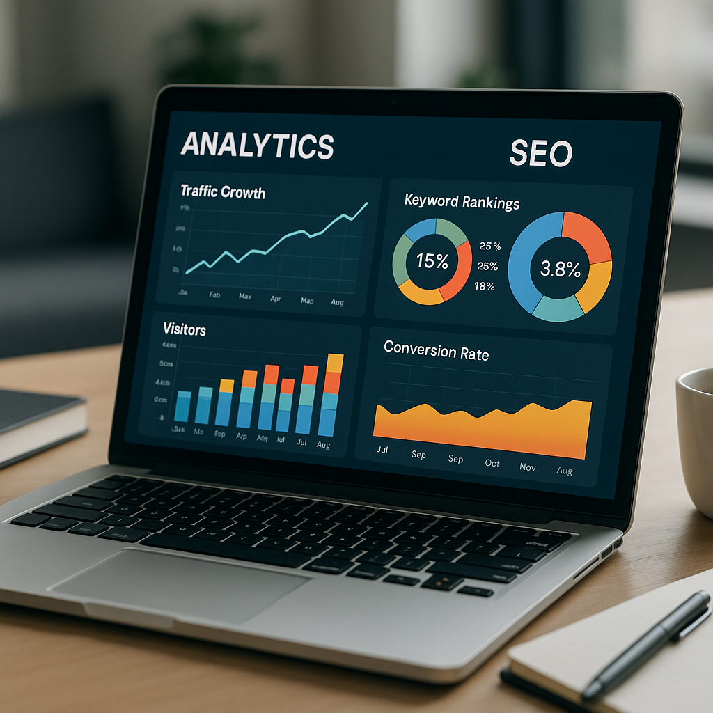 Laptop displaying analytics dashboard with graphs and SEO data.
