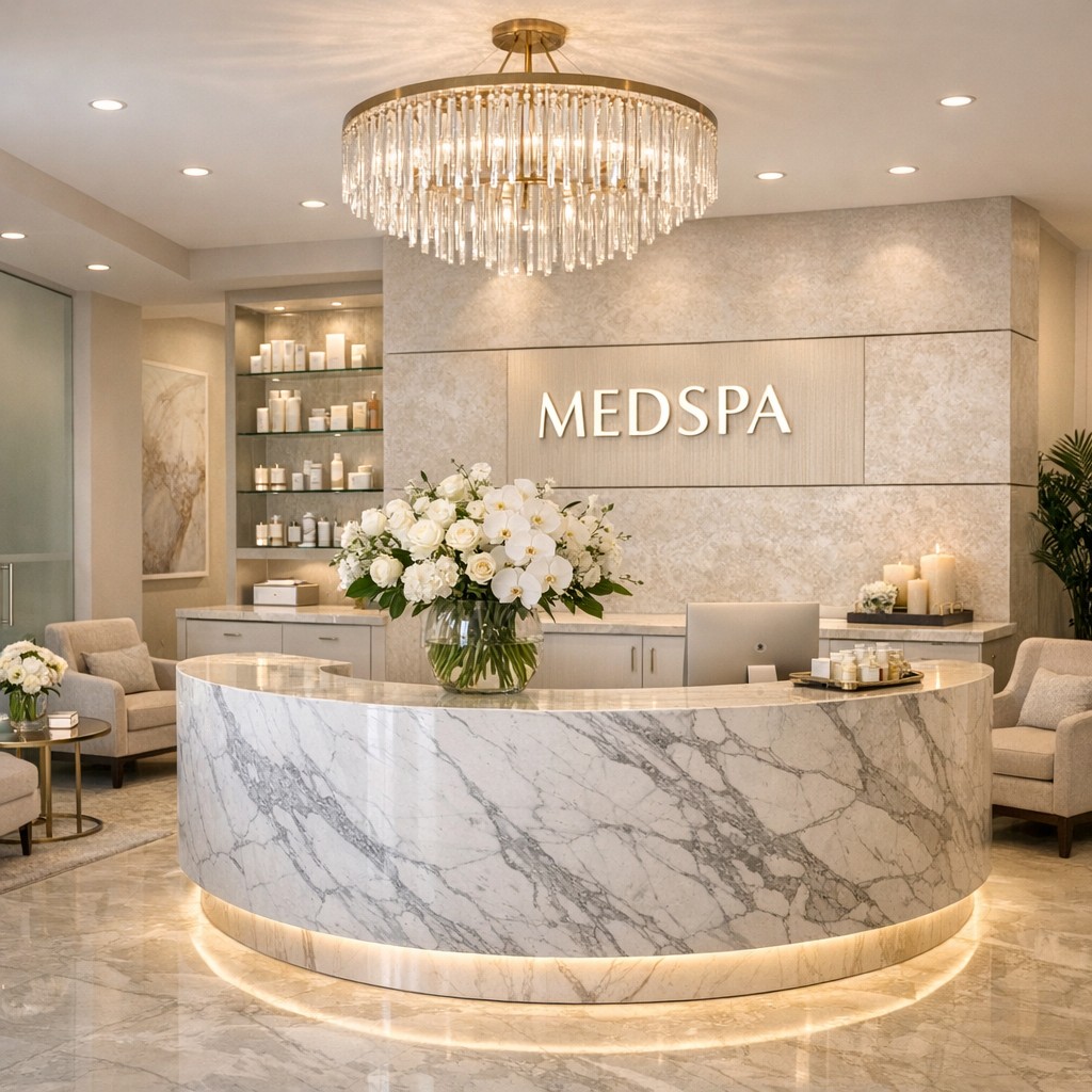 Elegant Medspa reception area with marble counter, chandelier, and floral arrangement.