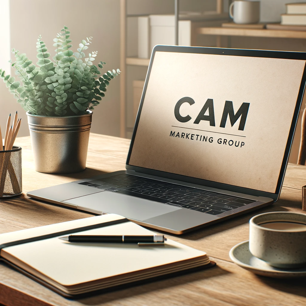 a laptop computer is open to a page that says cam marketing group