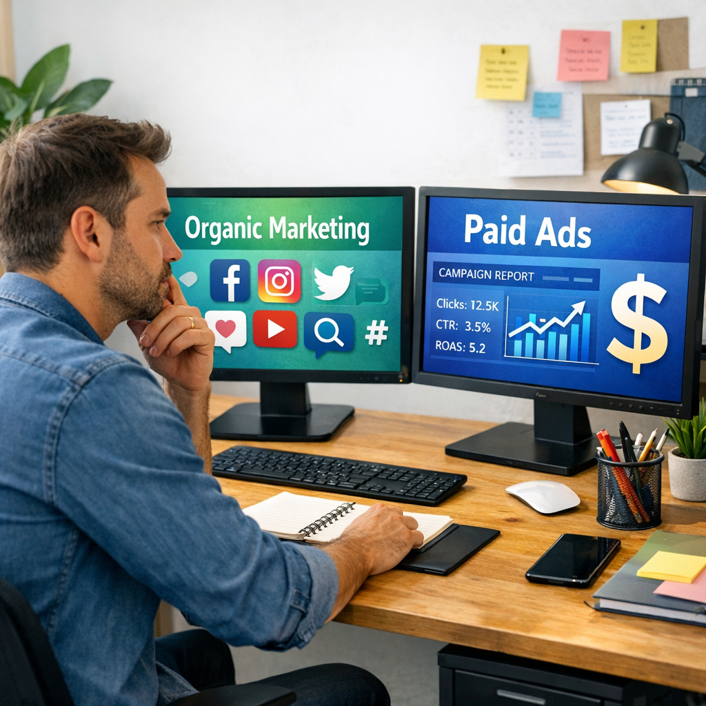 Man working on a computer setup, focused on two monitors:
