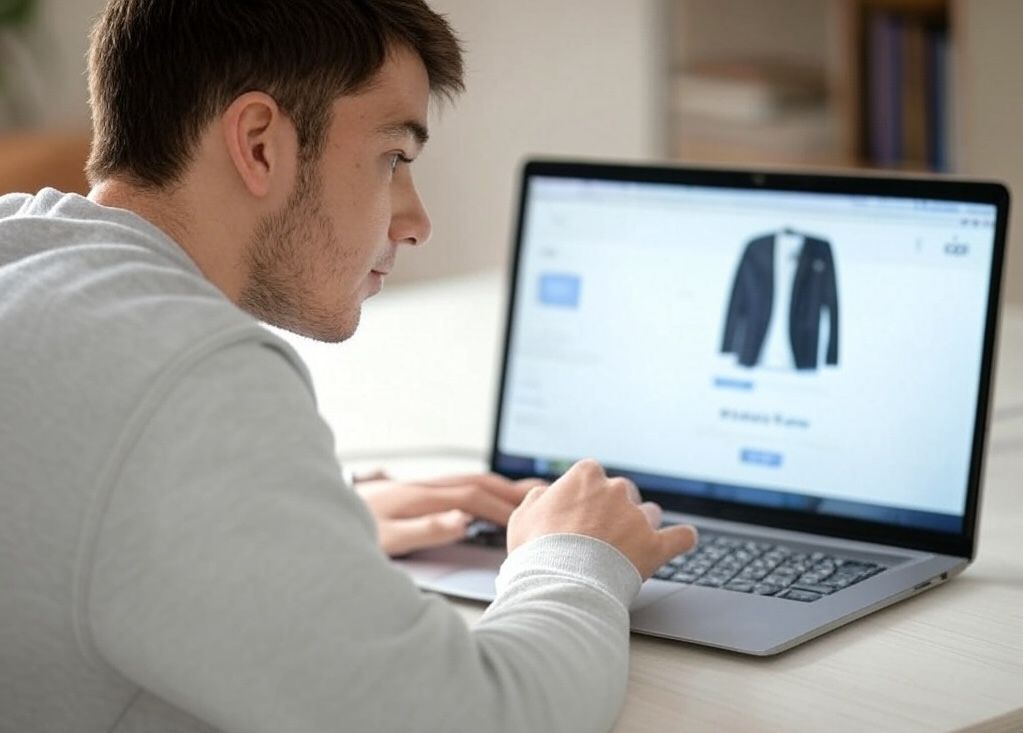 A man is using a laptop computer with a picture of a jacket on the screen.