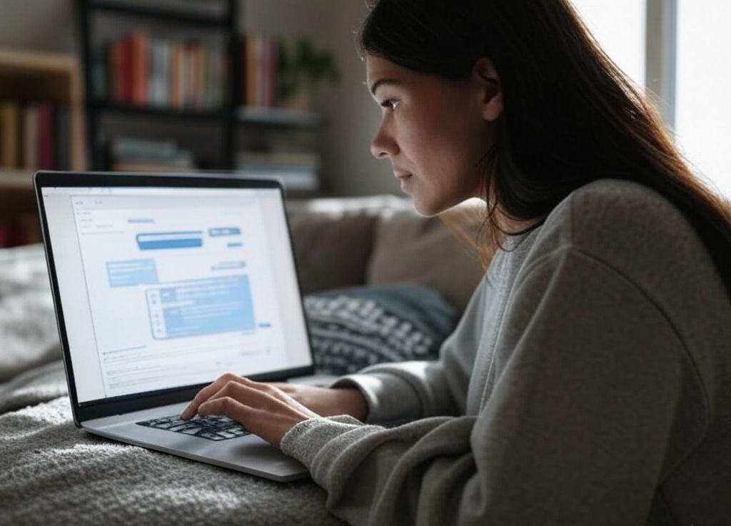 A woman is sitting on a couch using a laptop computer.