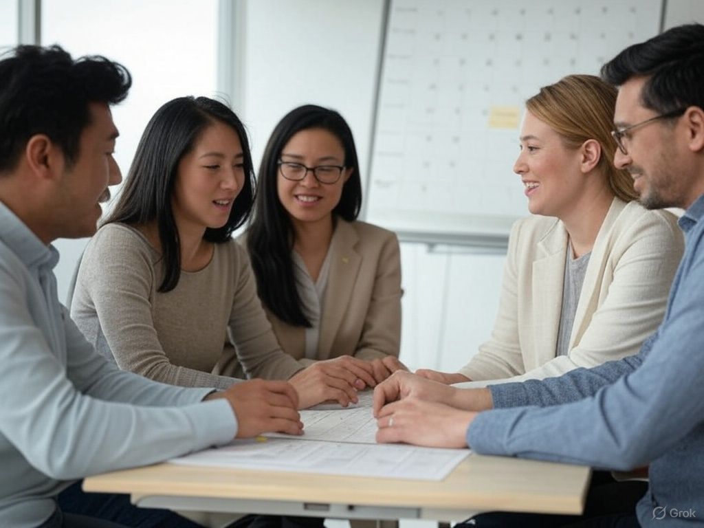 A group of people are sitting around a table having a meeting.