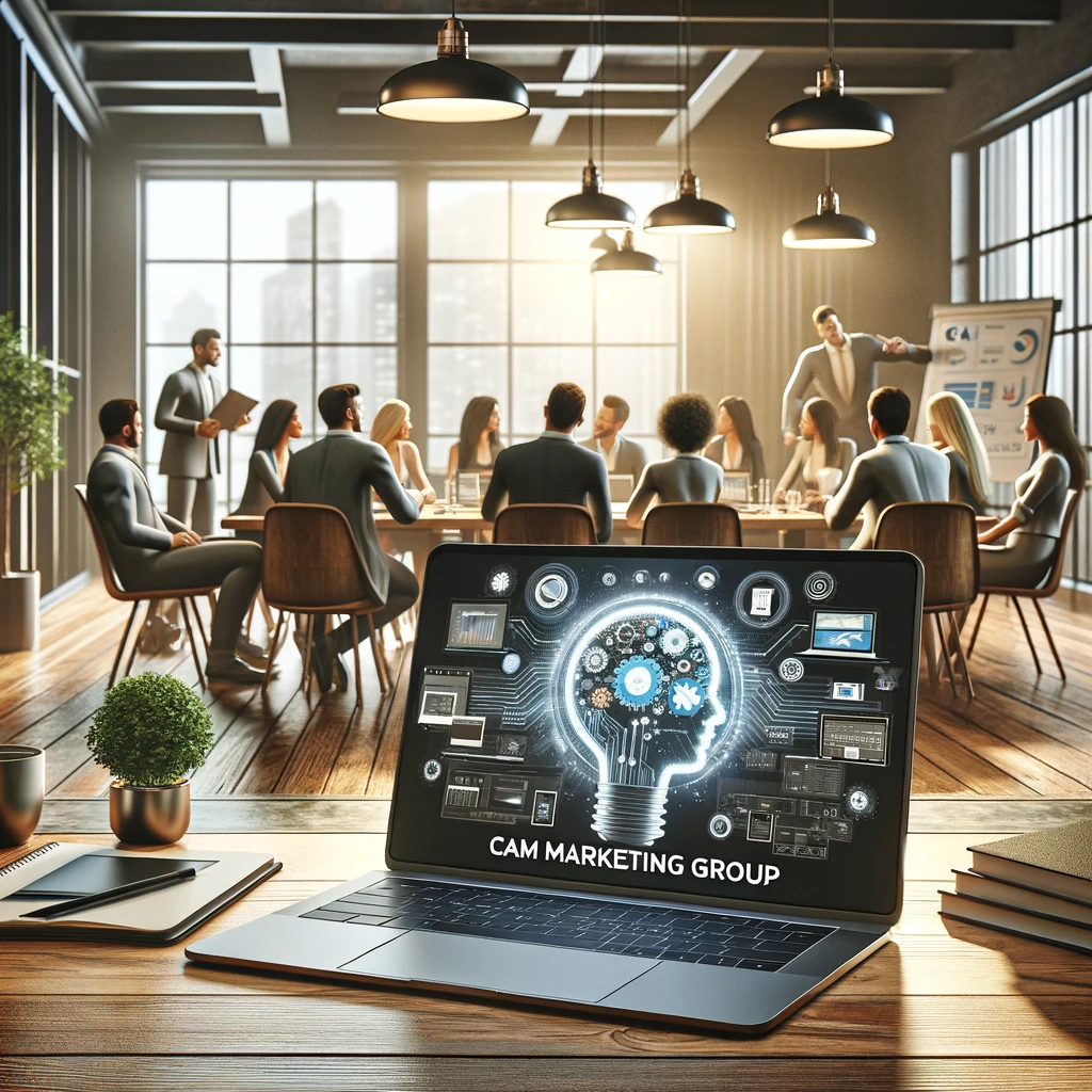 a group of people are sitting around a table in a conference room with a laptop on the table .